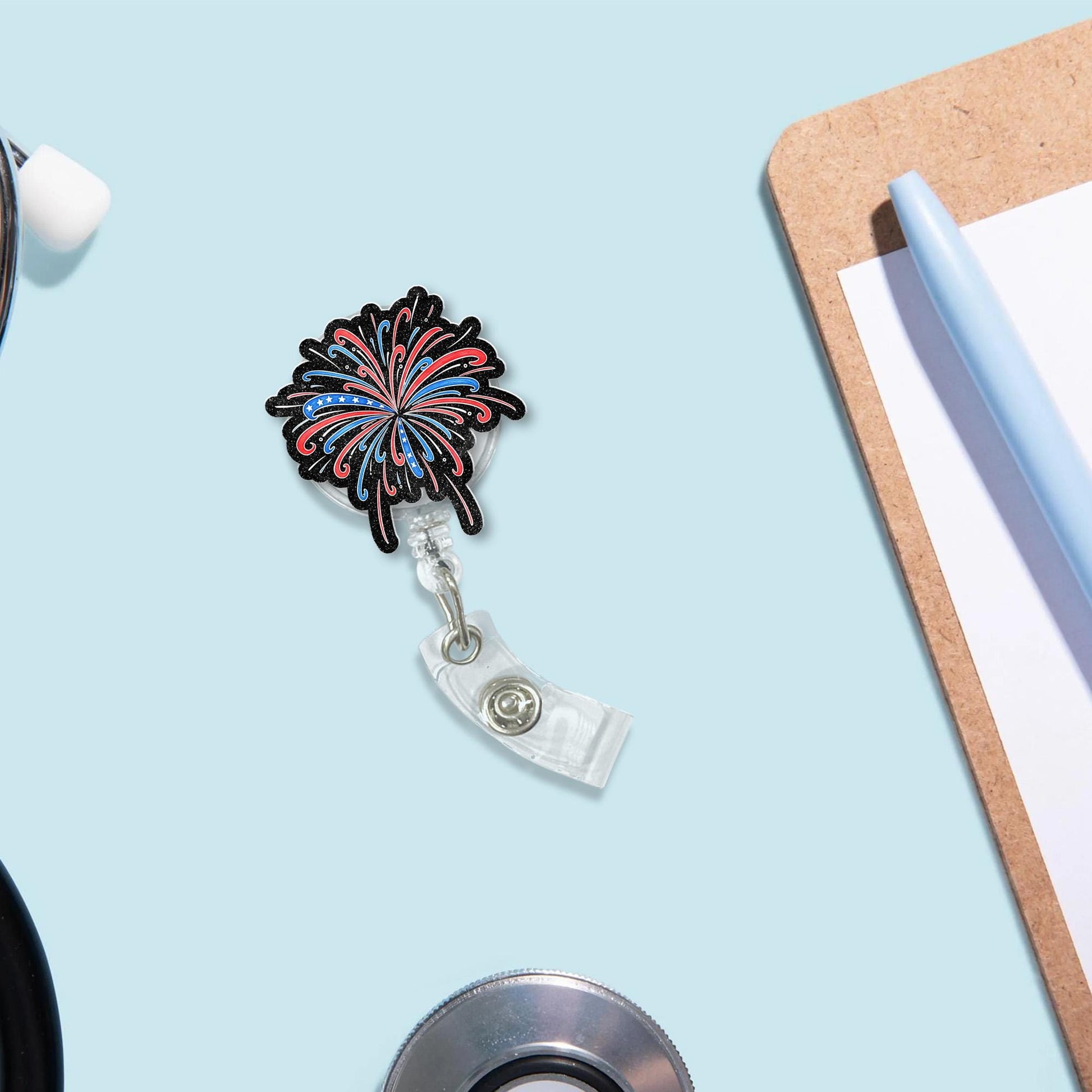 Fireworks Faux Glitter Badge Reel, 4th of July ID Holder, Patriotic Nurse Badge Clip, Red White Blue Glitter Reel, Independence Day Gift