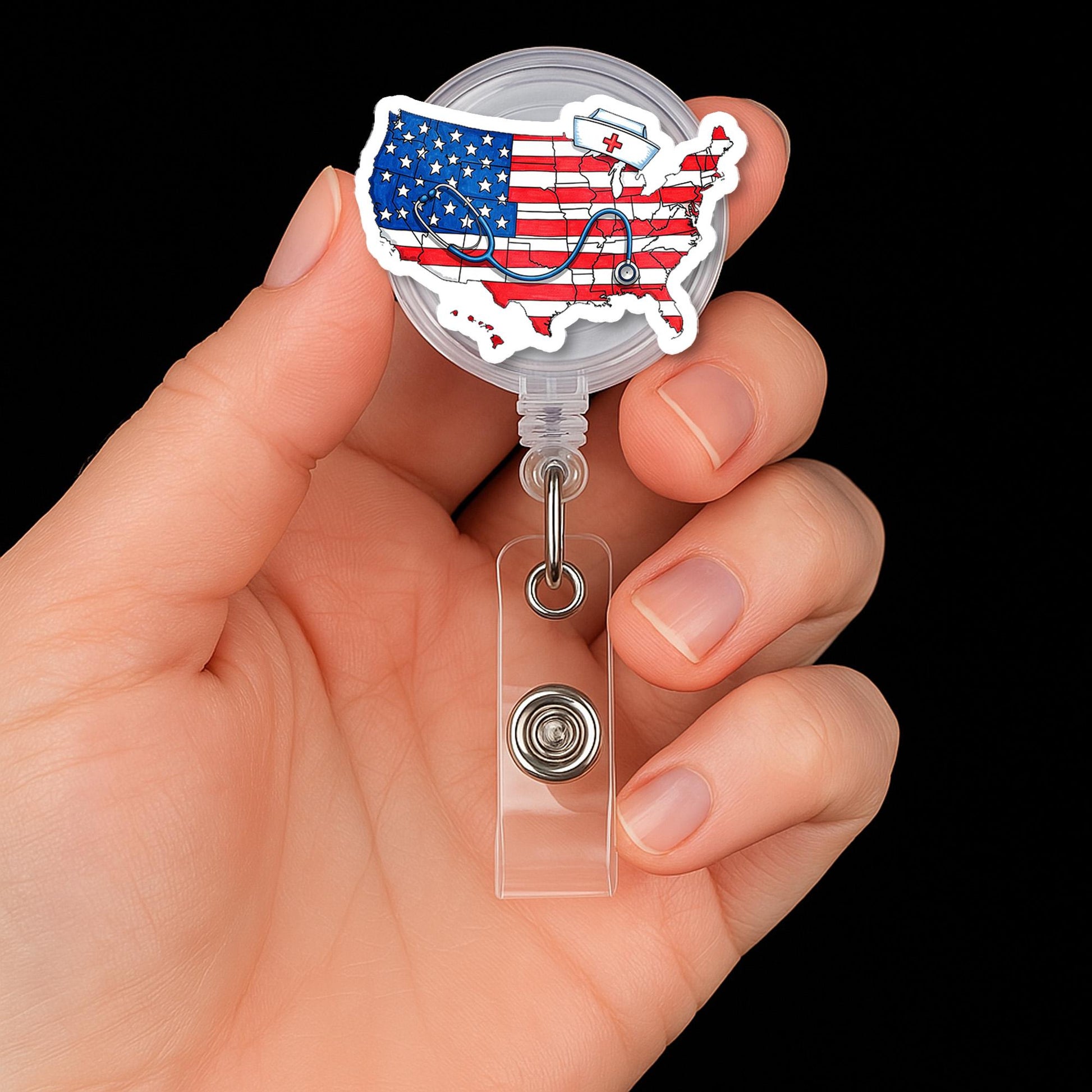 USA Nurse Badge Reel, Patriotic RN ID Holder, American Flag Nurse Clip, Medical Staff Gift, 4th of July Badge Accessory