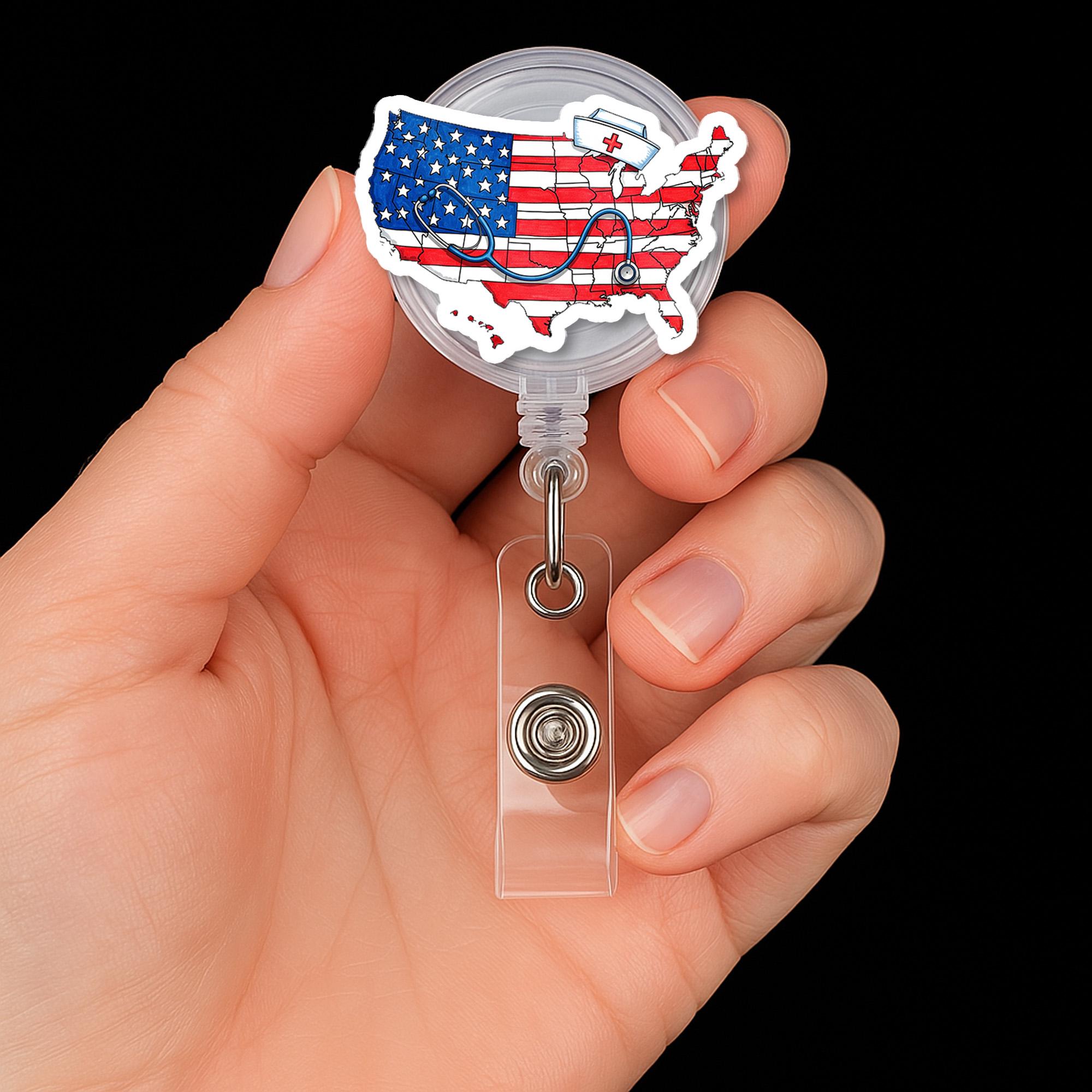 USA Nurse Badge Reel, Patriotic RN ID Holder, American Flag Nurse Clip, Medical Staff Gift, 4th of July Badge Accessory
