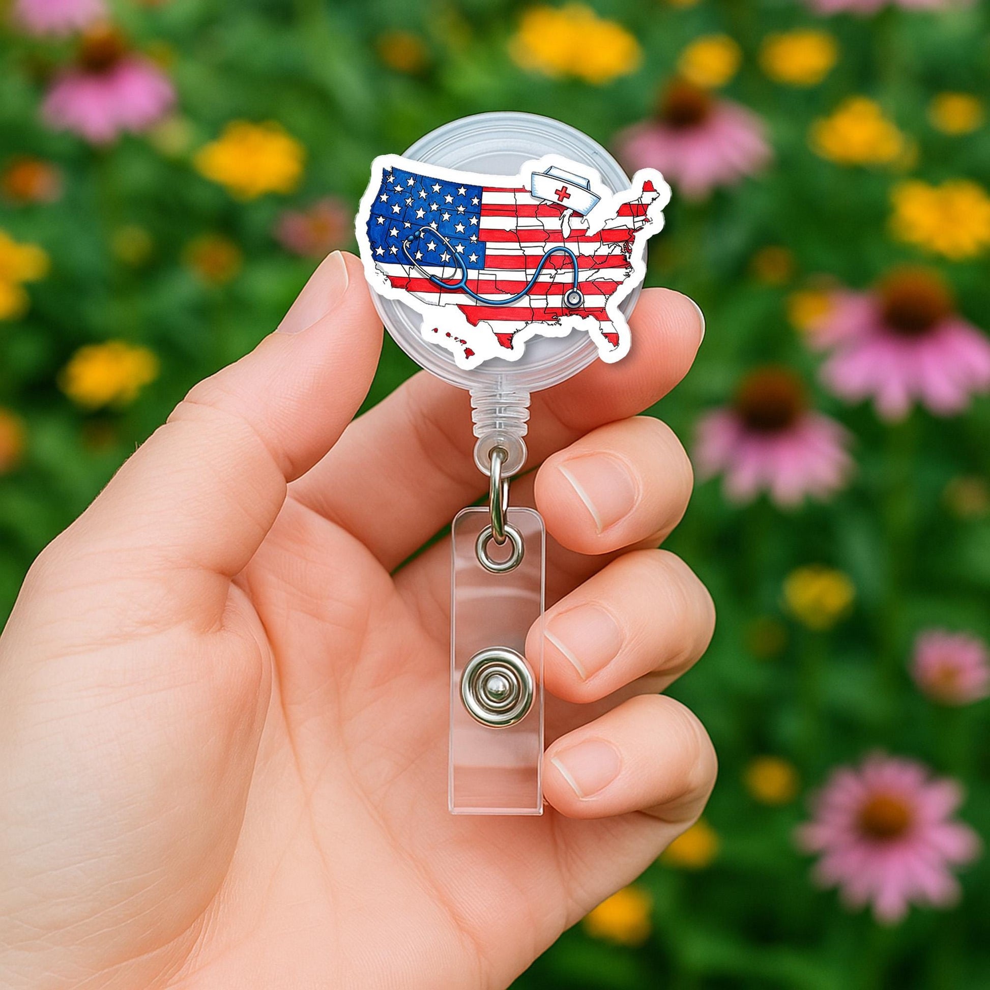 USA Nurse Badge Reel, Patriotic RN ID Holder, American Flag Nurse Clip, Medical Staff Gift, 4th of July Badge Accessory
