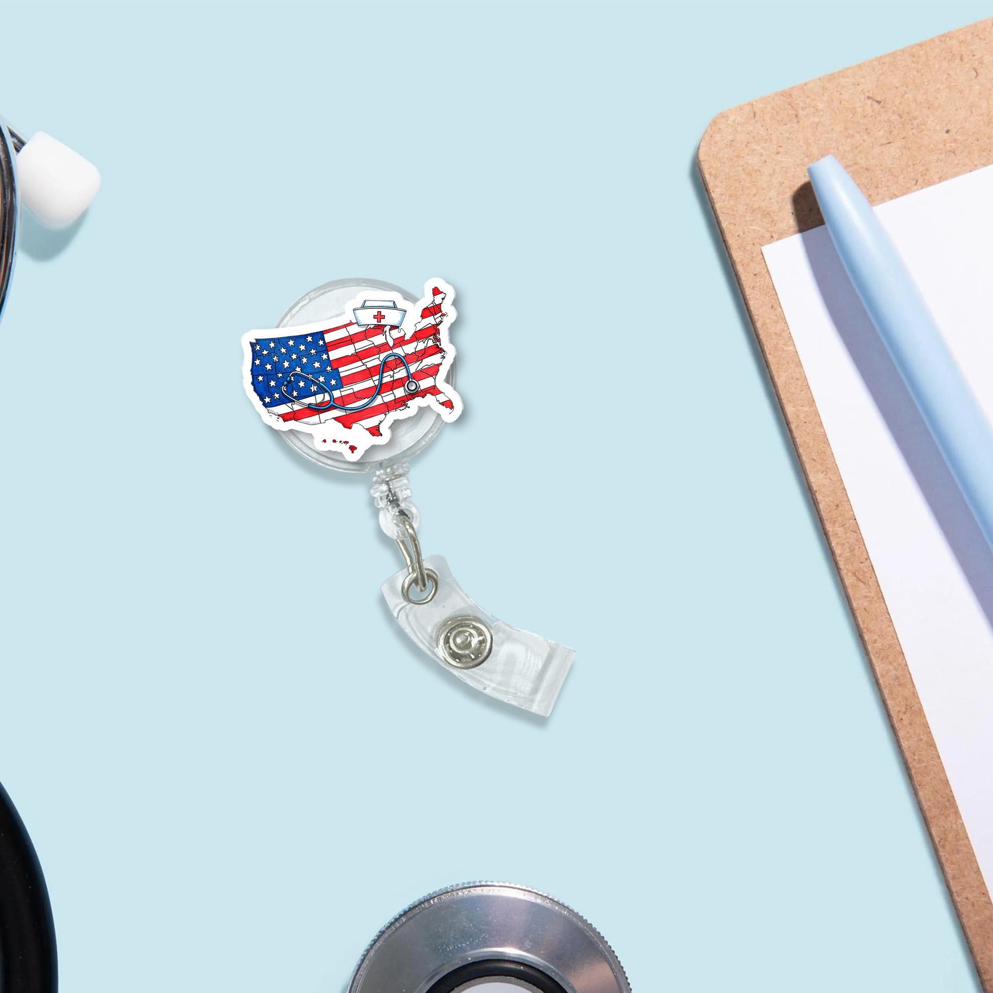 USA Nurse Badge Reel, Patriotic RN ID Holder, American Flag Nurse Clip, Medical Staff Gift, 4th of July Badge Accessory