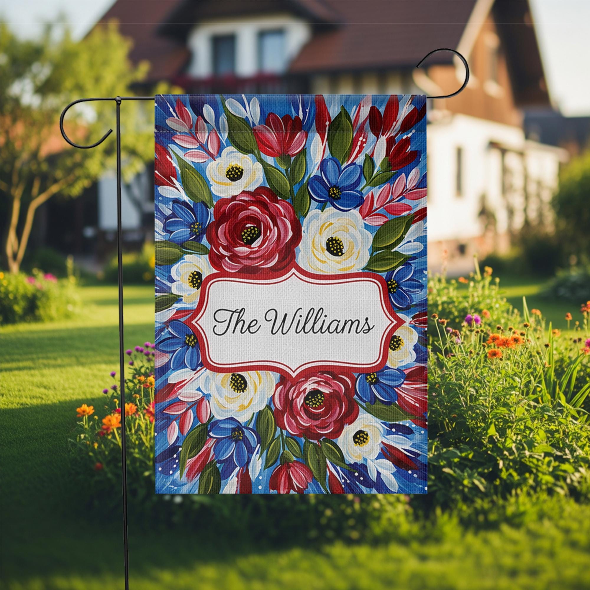 Patriotic Garden Flag, Custom Family Name Yard Decor, Red White Blue Floral Outdoor Sign, Summer Porch Flag, Personalized Gift