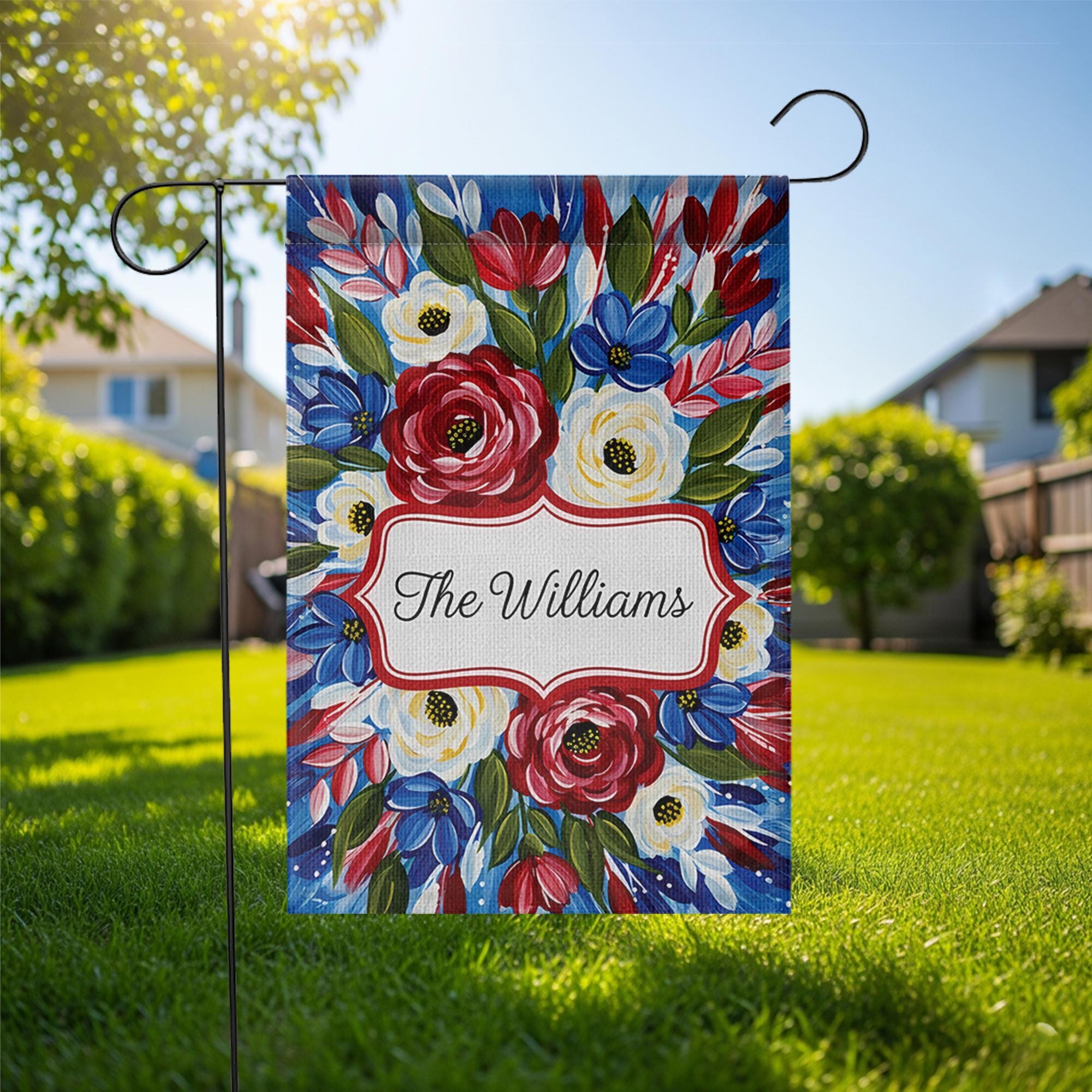 Patriotic Garden Flag, Custom Family Name Yard Decor, Red White Blue Floral Outdoor Sign, Summer Porch Flag, Personalized Gift