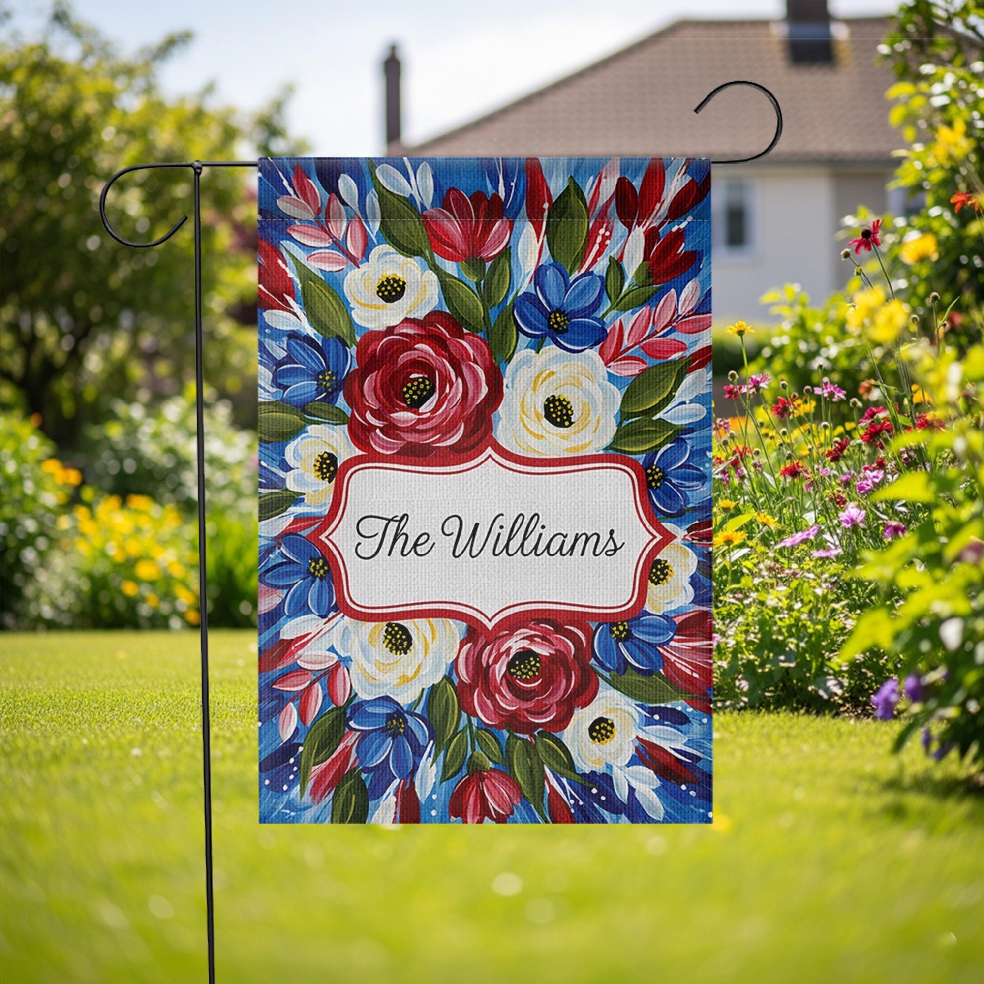 Patriotic Garden Flag, Custom Family Name Yard Decor, Red White Blue Floral Outdoor Sign, Summer Porch Flag, Personalized Gift