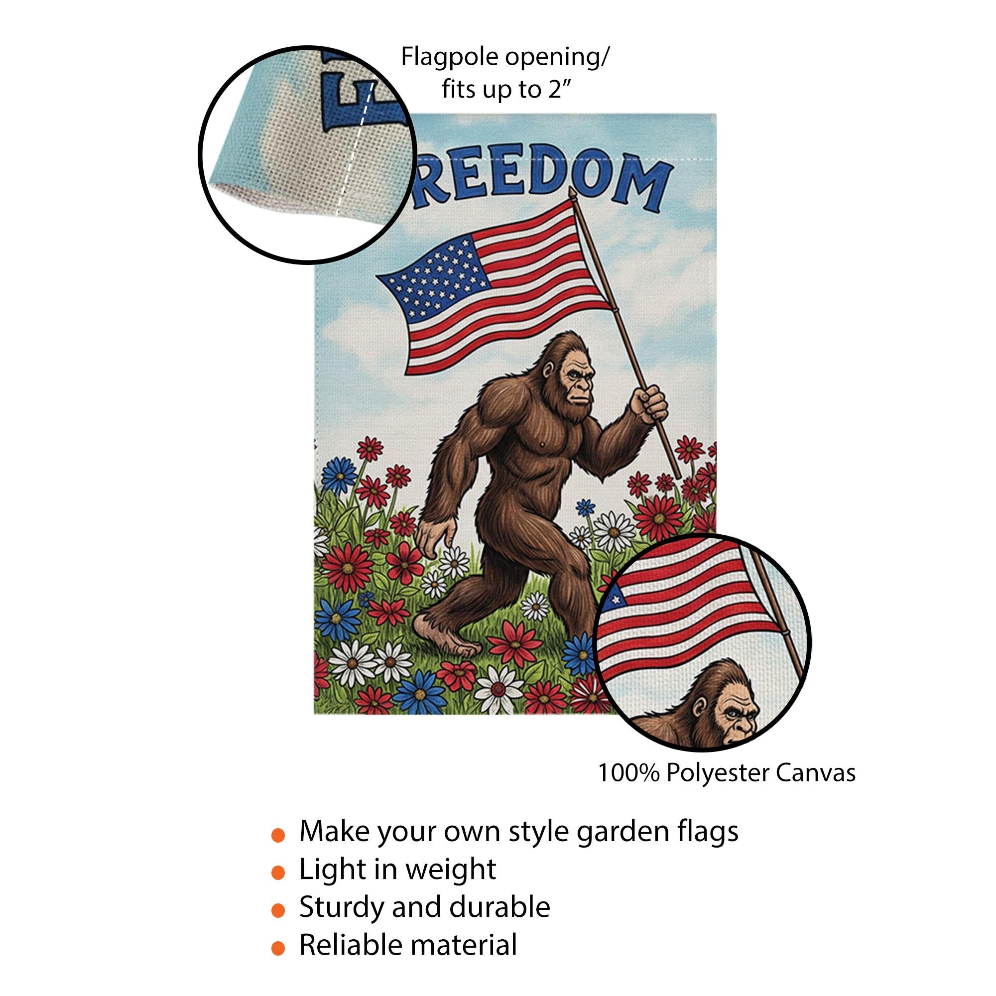 Funny Bigfoot Garden Flag, Patriotic Yard Decor with USA Flag, Freedom Outdoor Sign, 4th of July Bigfoot Flag, Summer Lawn Decor