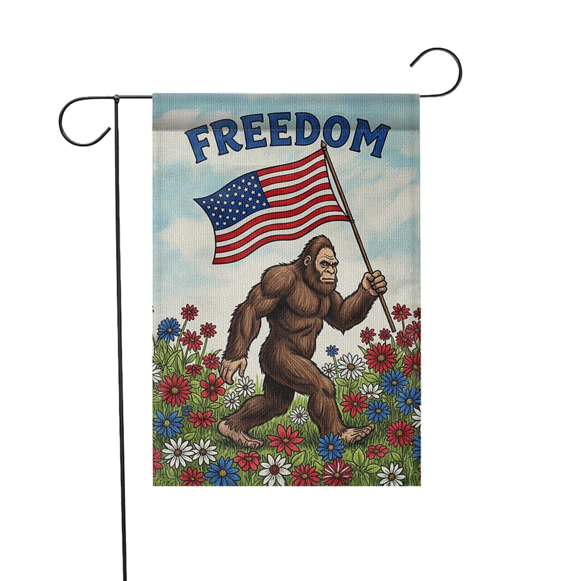 Funny Bigfoot Garden Flag, Patriotic Yard Decor with USA Flag, Freedom Outdoor Sign, 4th of July Bigfoot Flag, Summer Lawn Decor