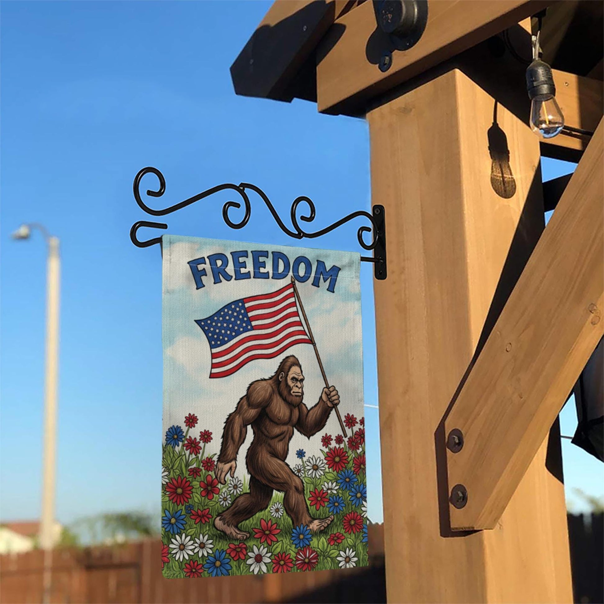 Funny Bigfoot Garden Flag, Patriotic Yard Decor with USA Flag, Freedom Outdoor Sign, 4th of July Bigfoot Flag, Summer Lawn Decor