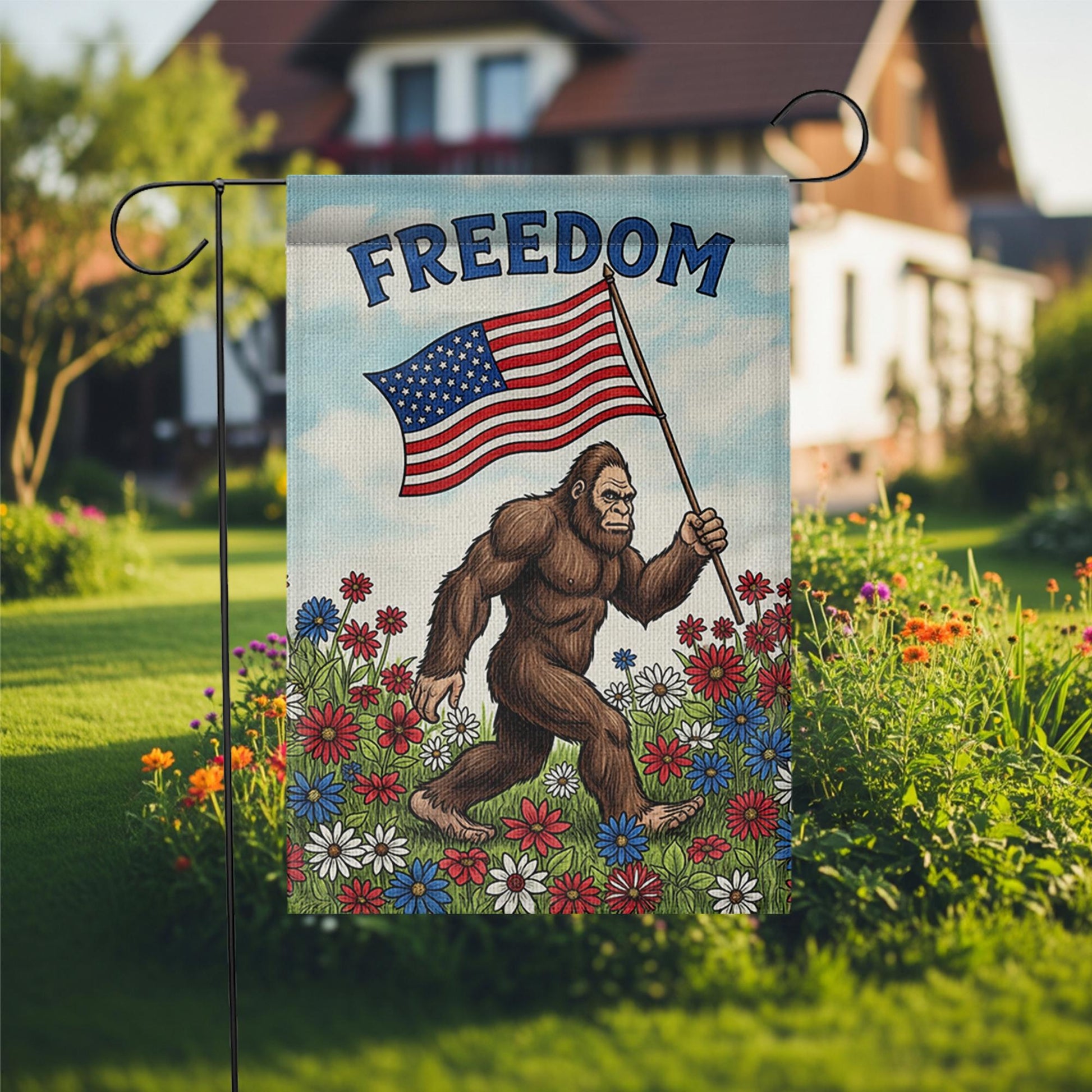 Funny Bigfoot Garden Flag, Patriotic Yard Decor with USA Flag, Freedom Outdoor Sign, 4th of July Bigfoot Flag, Summer Lawn Decor