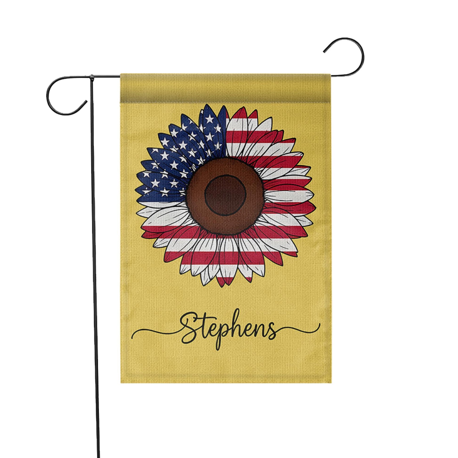 Personalized Patriotic Sunflower Garden Flag, Custom USA Name Yard Decor, 4th of July Outdoor Flag, American Floral Banner