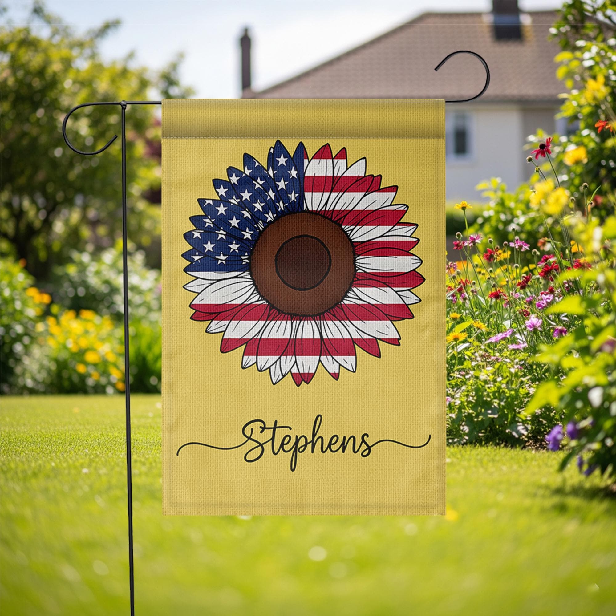 Personalized Patriotic Sunflower Garden Flag, Custom USA Name Yard Decor, 4th of July Outdoor Flag, American Floral Banner