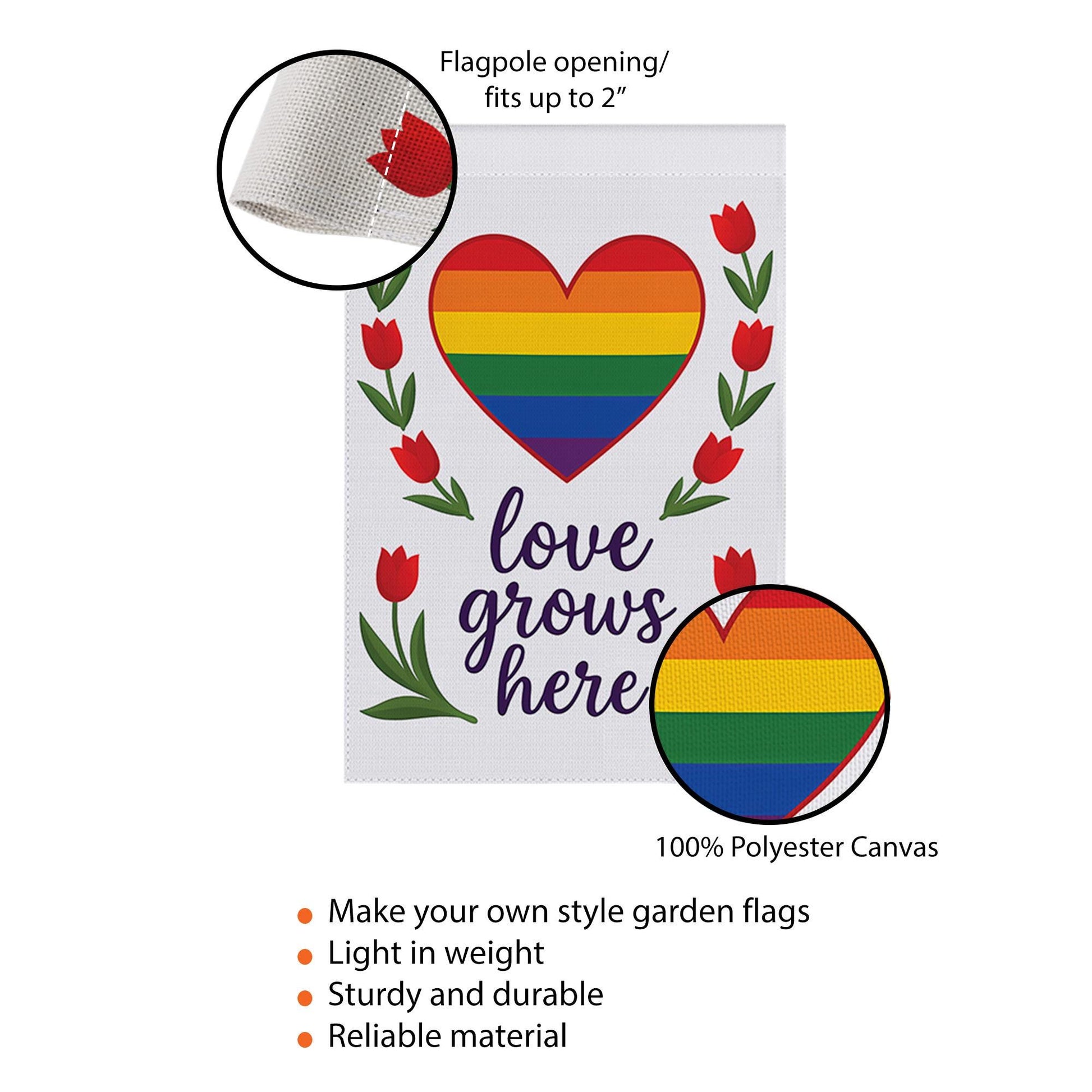 Love Grows Here Garden Flag – Rainbow Heart LGBTQ Yard Decor – Pride Month Outdoor Decoration – Inclusive Equality Lawn Banner
