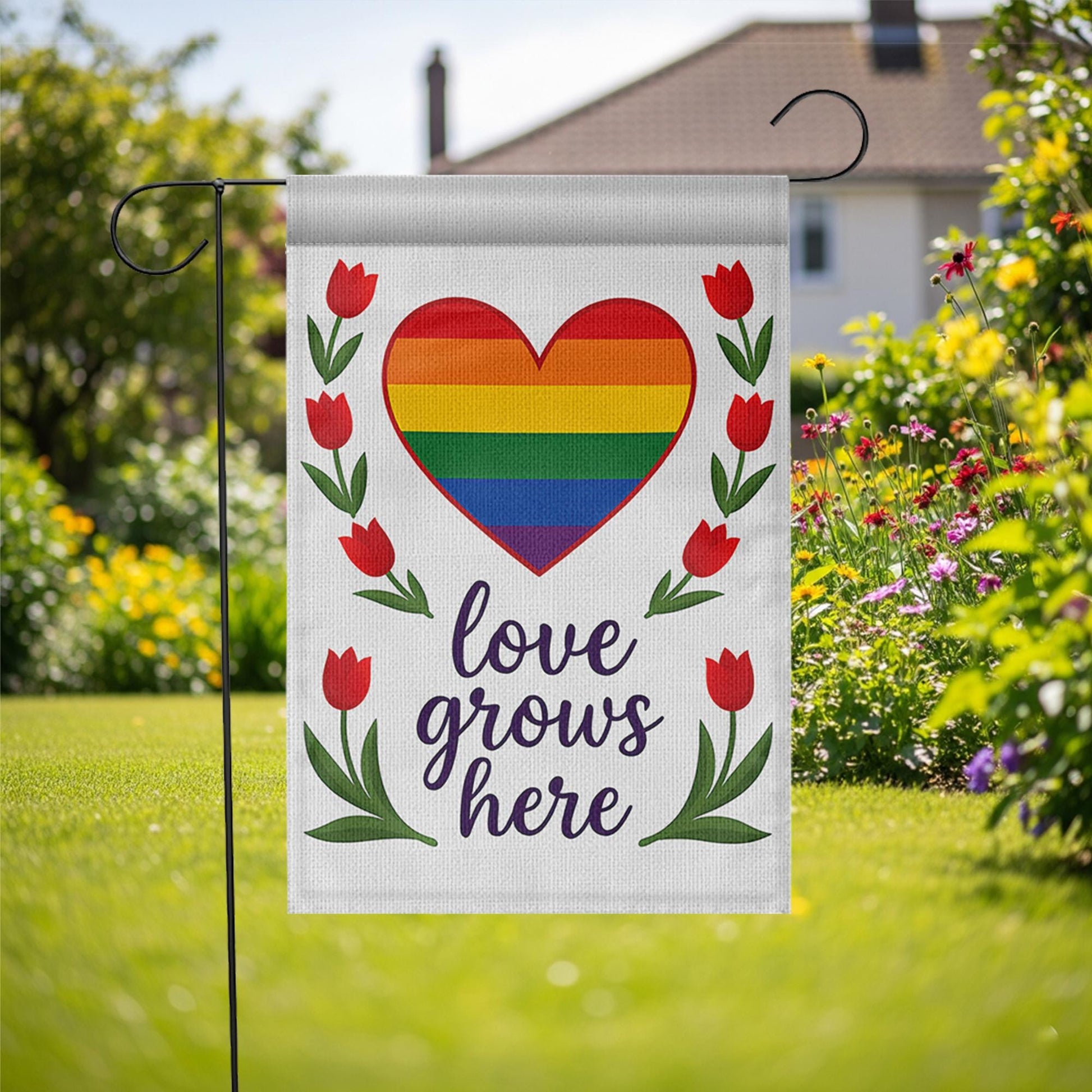 Love Grows Here Garden Flag – Rainbow Heart LGBTQ Yard Decor – Pride Month Outdoor Decoration – Inclusive Equality Lawn Banner