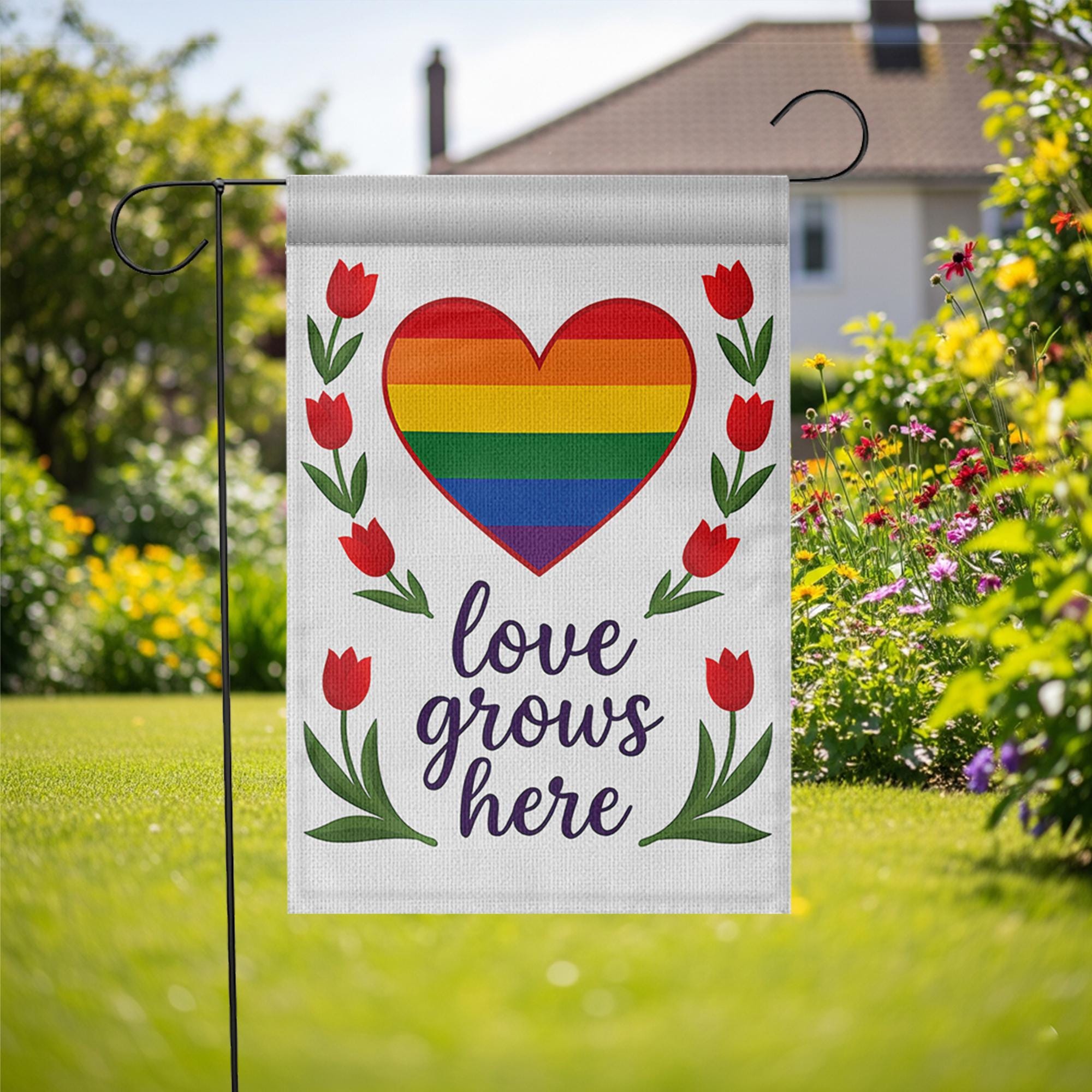 Love Grows Here Garden Flag – Rainbow Heart LGBTQ Yard Decor – Pride Month Outdoor Decoration – Inclusive Equality Lawn Banner
