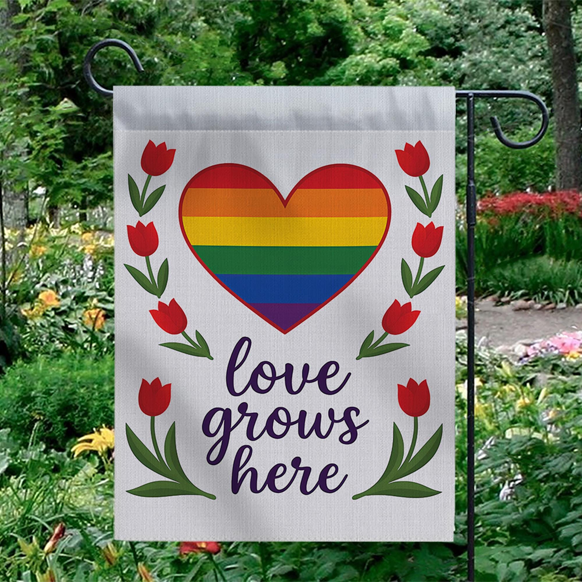 Love Grows Here Garden Flag – Rainbow Heart LGBTQ Yard Decor – Pride Month Outdoor Decoration – Inclusive Equality Lawn Banner