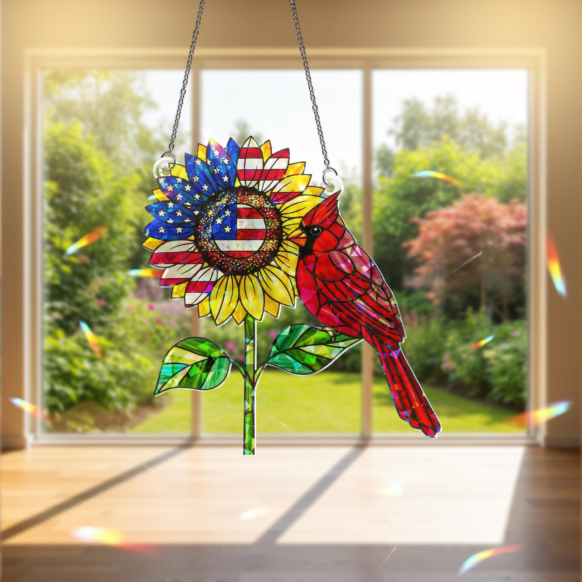 Patriotic Cardinal Sunflower Hologram Decor, USA Holographic Window Decor, 4th of July Hanging Ornament, Red Bird Memorial Gift