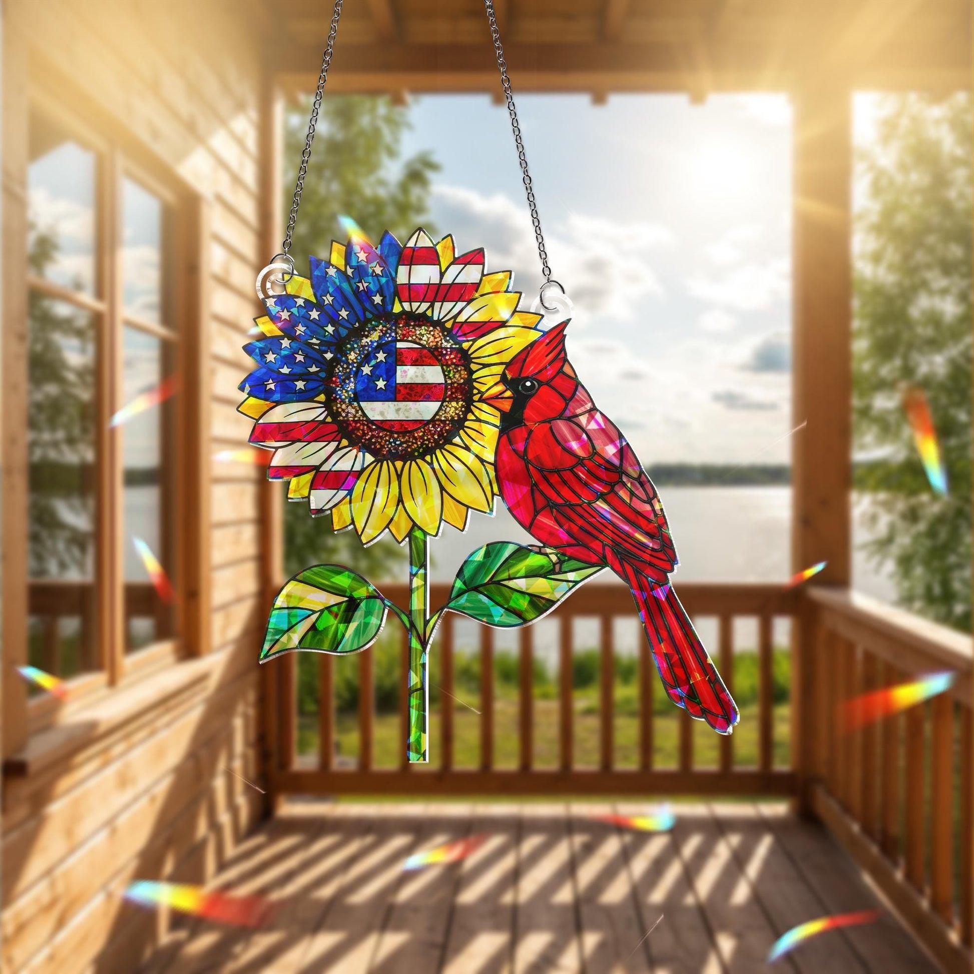 Patriotic Cardinal Sunflower Hologram Decor, USA Holographic Window Decor, 4th of July Hanging Ornament, Red Bird Memorial Gift