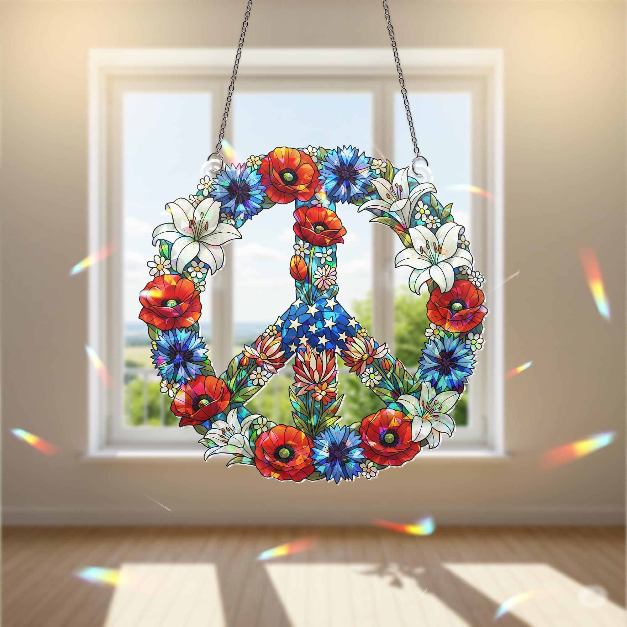 Patriotic Peace Sign Hologram Decor, Floral Window Hologram Decor, Red White Blue Hanging Art, 4th of July Peace Ornament