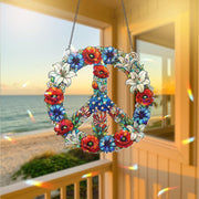 Patriotic Peace Sign Hologram Decor, Floral Window Hologram Decor, Red White Blue Hanging Art, 4th of July Peace Ornament