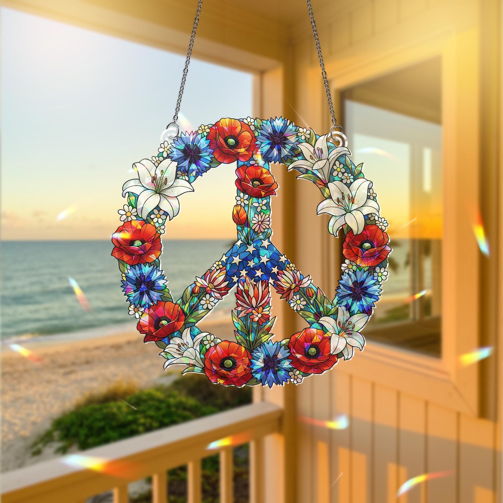 Patriotic Peace Sign Hologram Decor, Floral Window Hologram Decor, Red White Blue Hanging Art, 4th of July Peace Ornament
