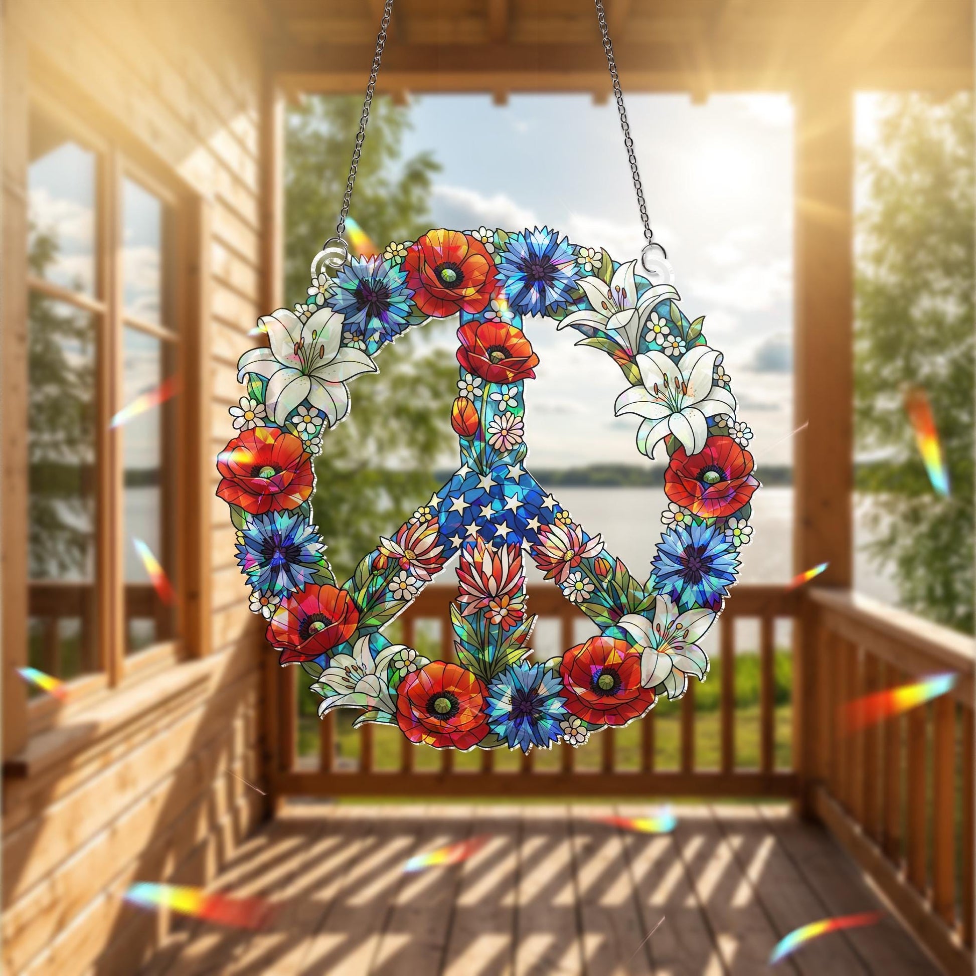 Patriotic Peace Sign Hologram Decor, Floral Window Hologram Decor, Red White Blue Hanging Art, 4th of July Peace Ornament