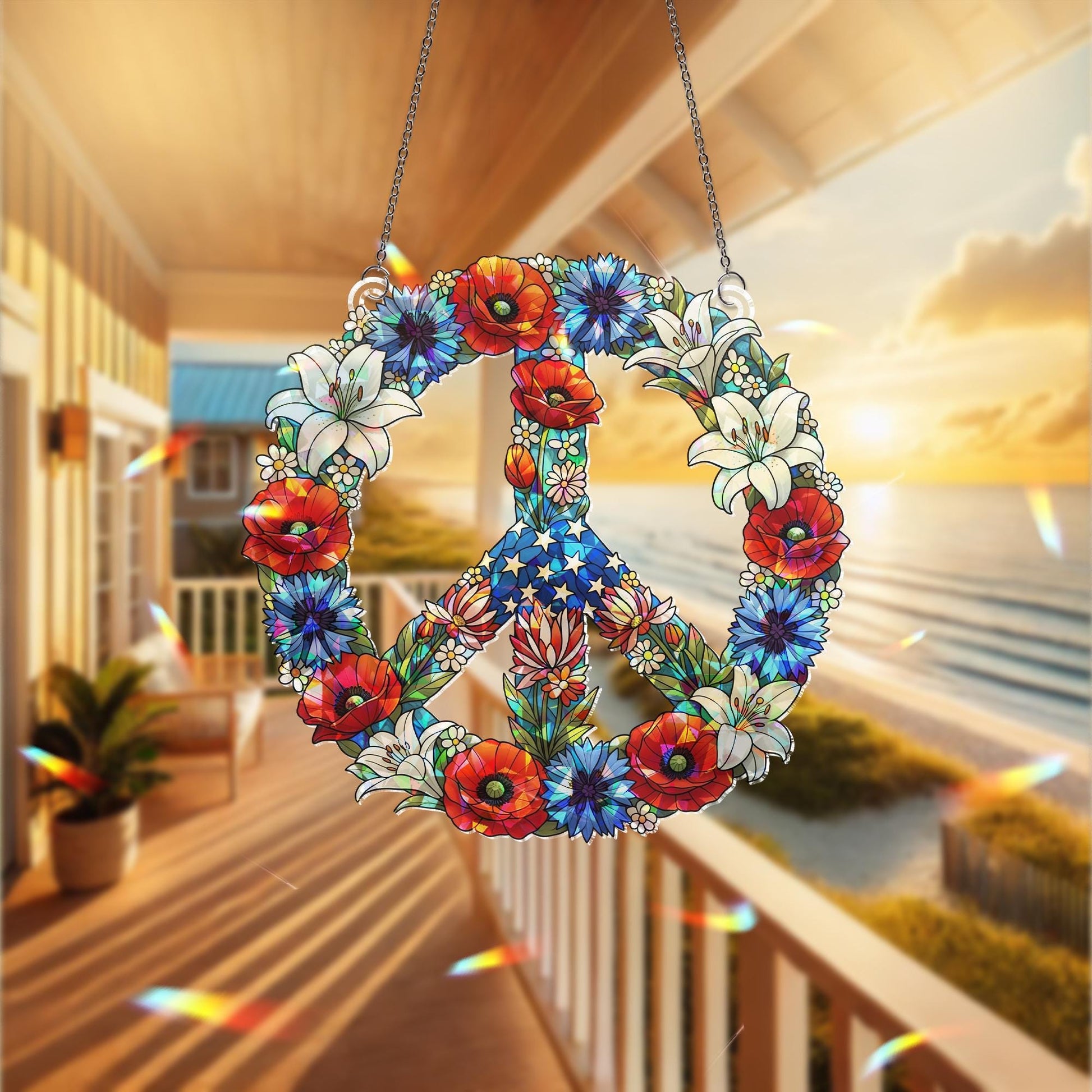 Patriotic Peace Sign Hologram Decor, Floral Window Hologram Decor, Red White Blue Hanging Art, 4th of July Peace Ornament