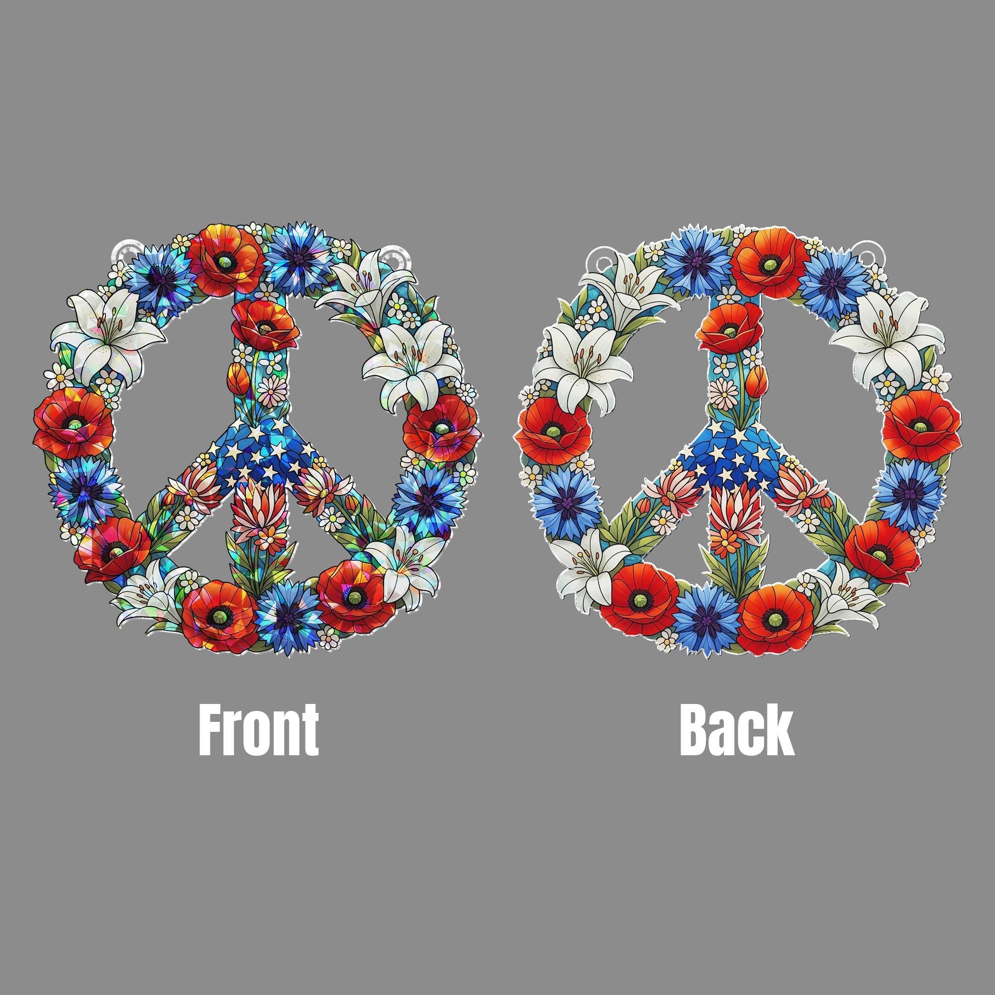 Patriotic Peace Sign Hologram Decor, Floral Window Hologram Decor, Red White Blue Hanging Art, 4th of July Peace Ornament