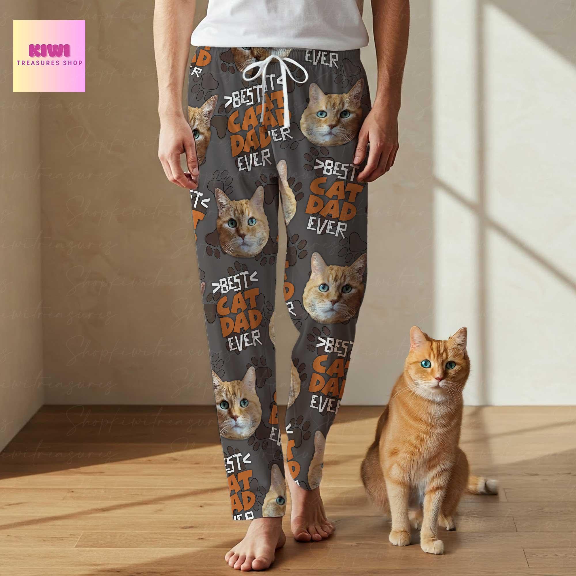 Best Cat Dad Ever Pajama Pants – Custom Cat Face Lounge Pants for Him, Funny Cat Lover Gift, Personalized Unisex Sleepwear for Pet Dads