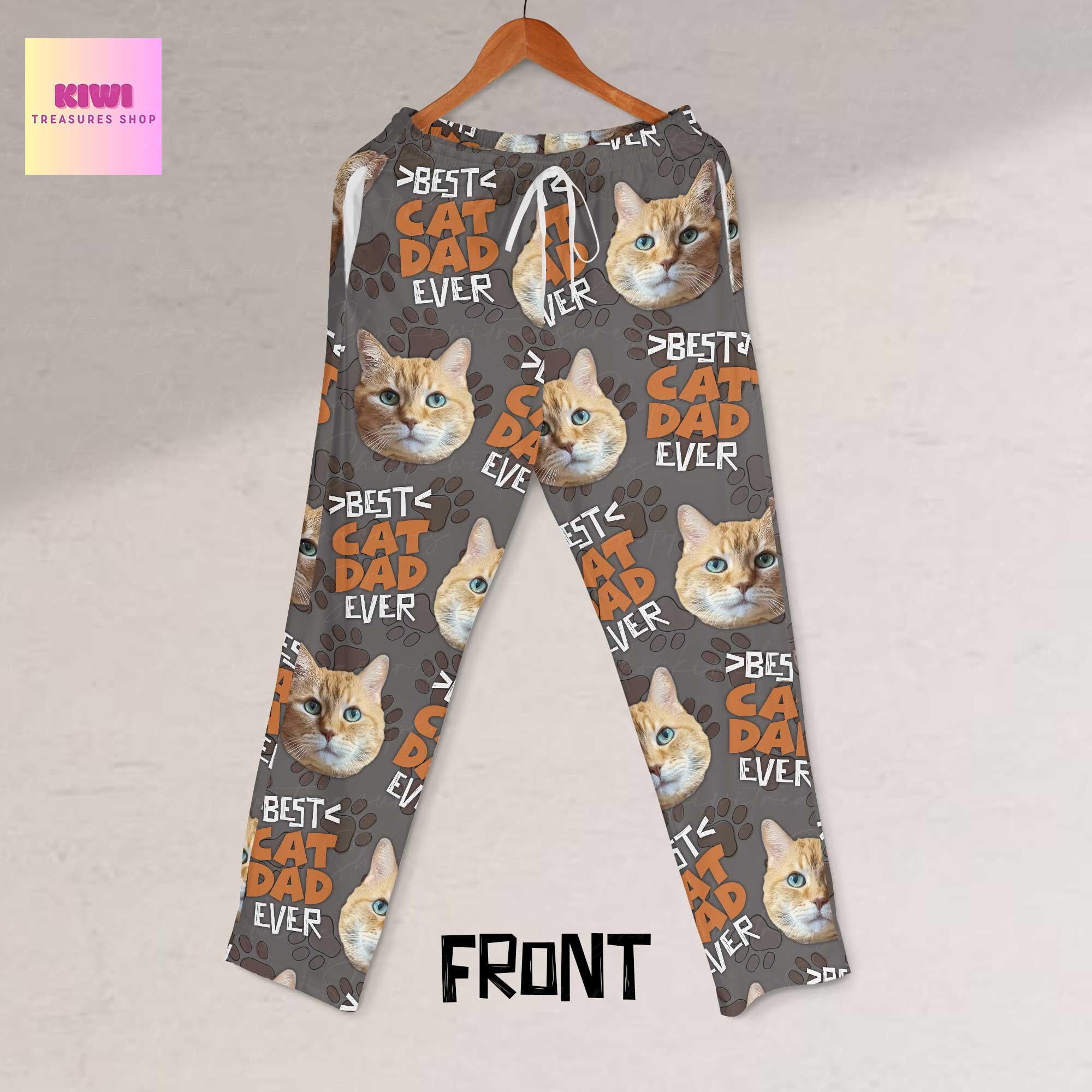 Best Cat Dad Ever Pajama Pants – Custom Cat Face Lounge Pants for Him, Funny Cat Lover Gift, Personalized Unisex Sleepwear for Pet Dads