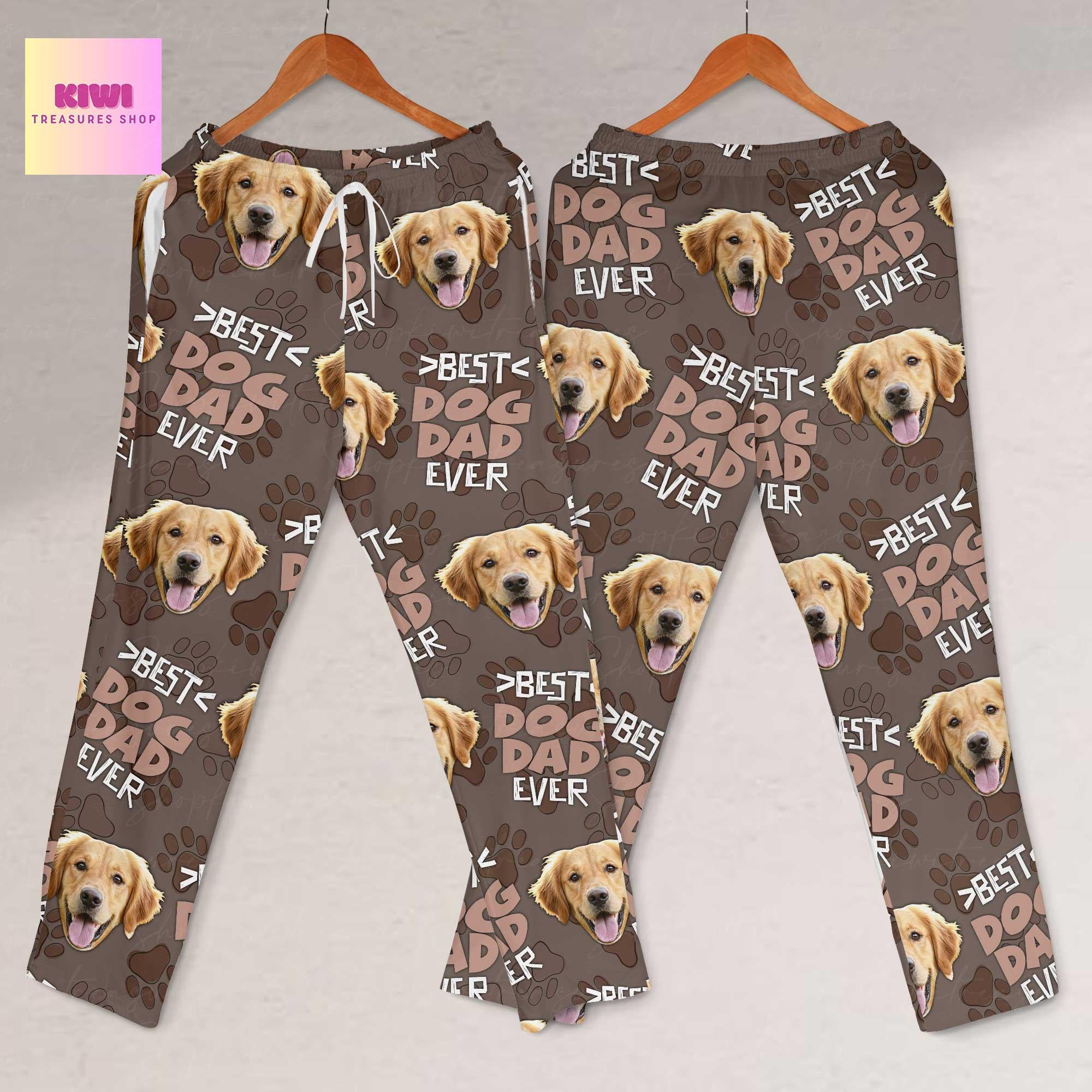 Best Dog Dad Ever Pajama Pants – Custom Dog Face Lounge Pants for Him, Funny Pet Lover Gift, Personalized Unisex Sleepwear for Dog Dads