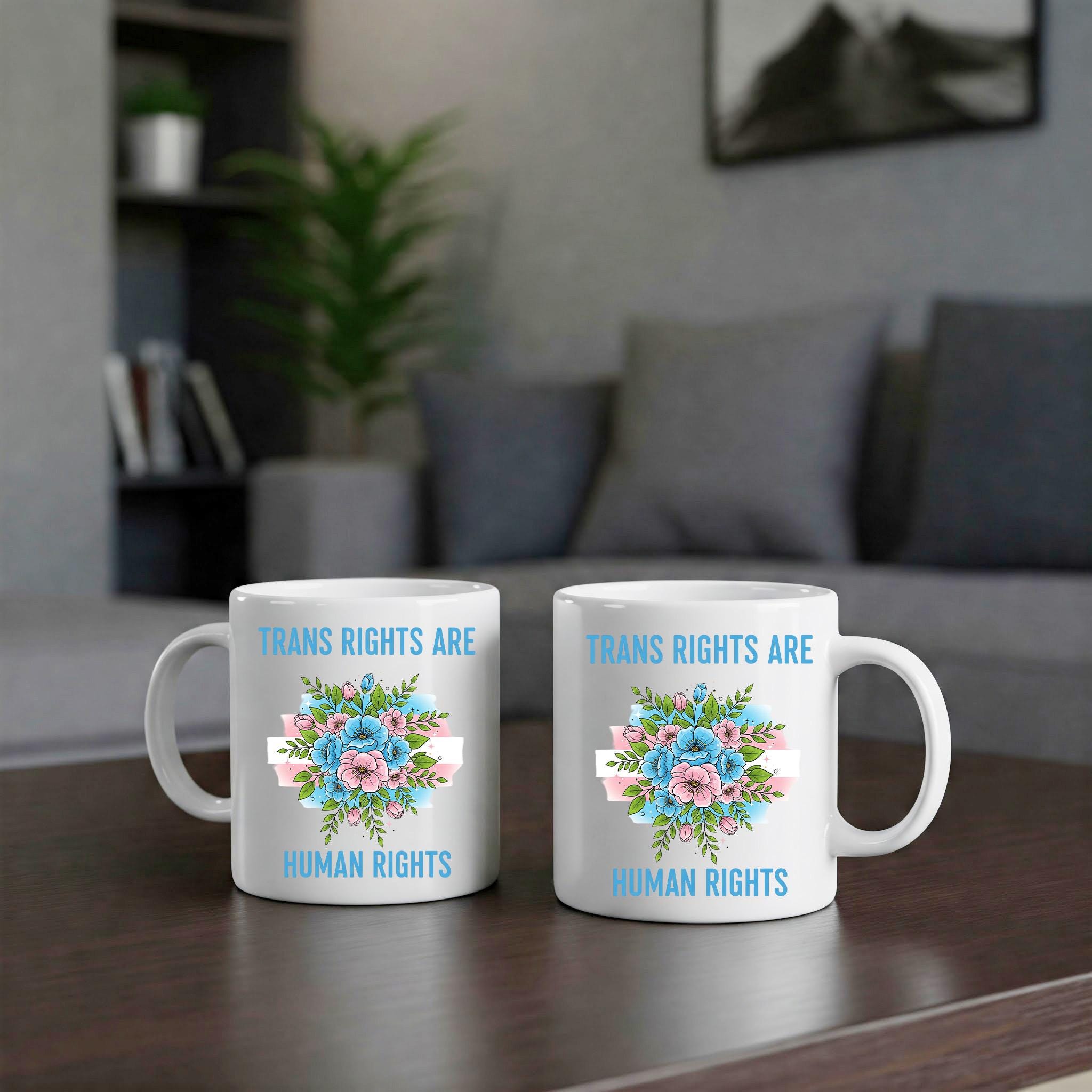 Trans Rights Are Human Rights Mug – LGBTQ Pride Coffee Cup – Ally Gift with Floral Trans Flag – Inclusive Black Office Mug