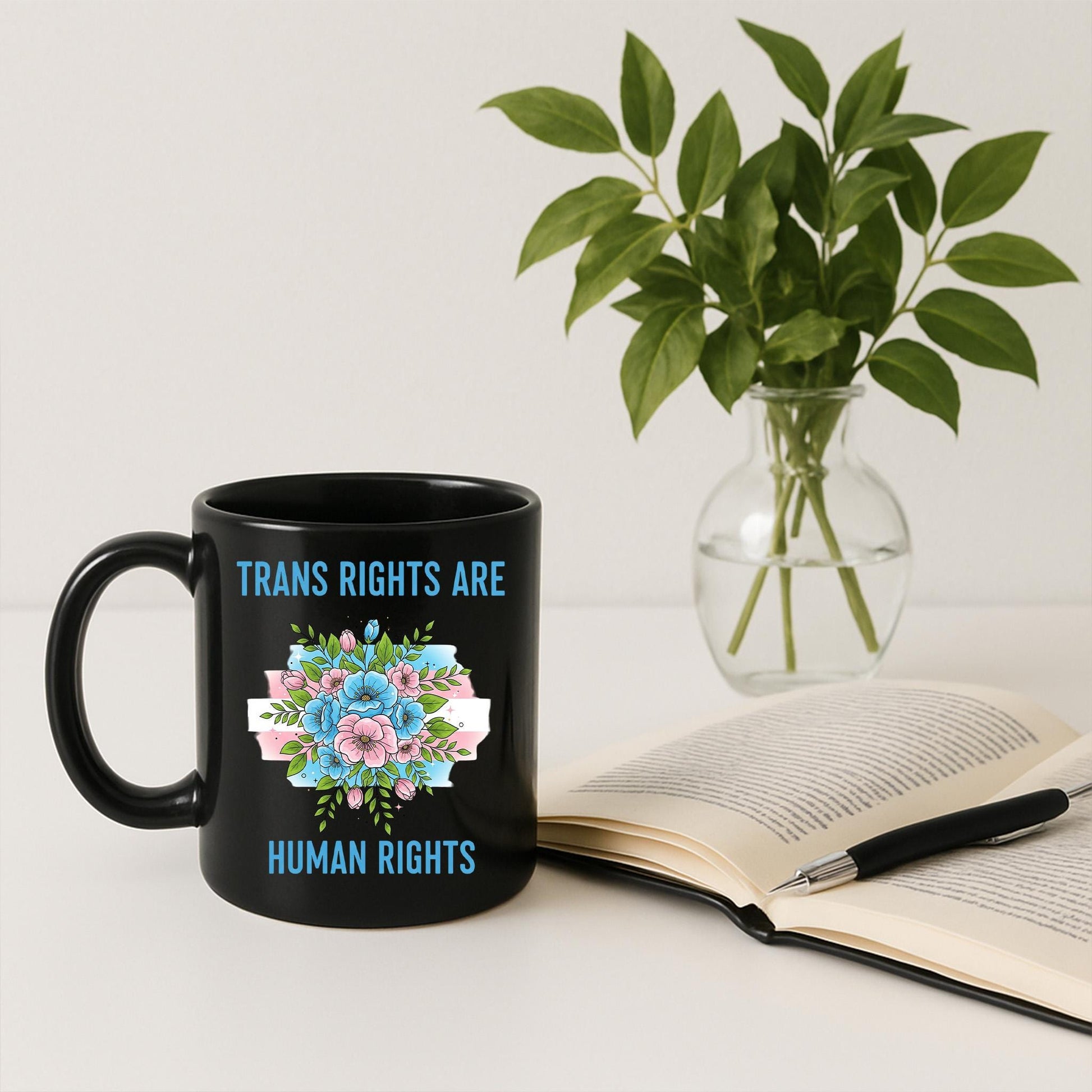 Trans Rights Are Human Rights Mug – LGBTQ Pride Coffee Cup – Ally Gift with Floral Trans Flag – Inclusive Black Office Mug