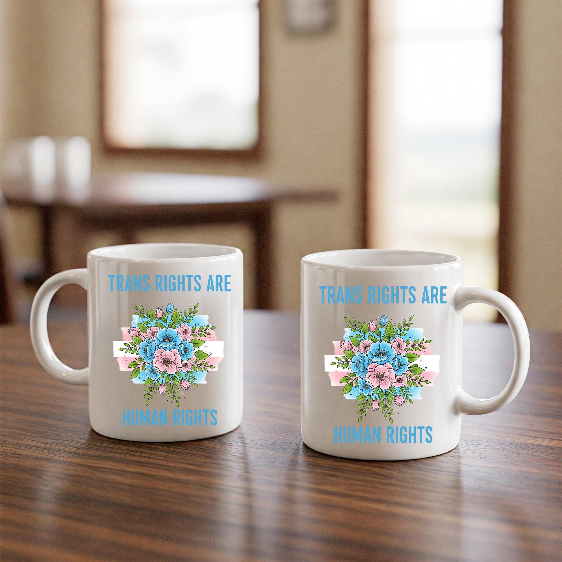 Trans Rights Are Human Rights Mug – LGBTQ Pride Coffee Cup – Ally Gift with Floral Trans Flag – Inclusive Black Office Mug