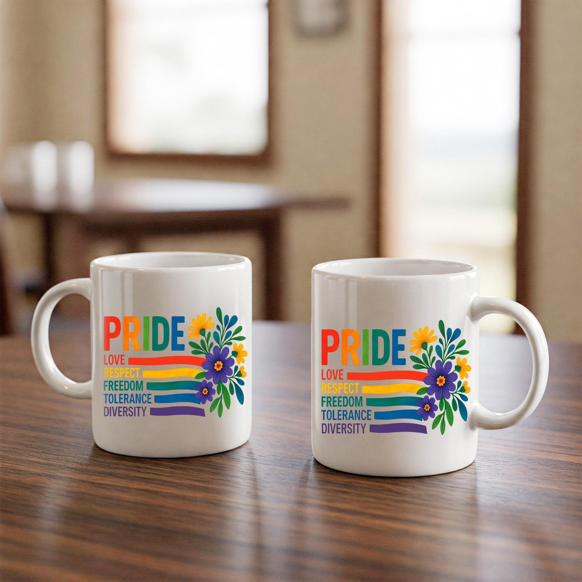 Pride Month Mug – LGBTQ+ Coffee Cup with Rainbow and Flowers – Love Respect Diversity Tolerance Equality Gift for Allies & Queers