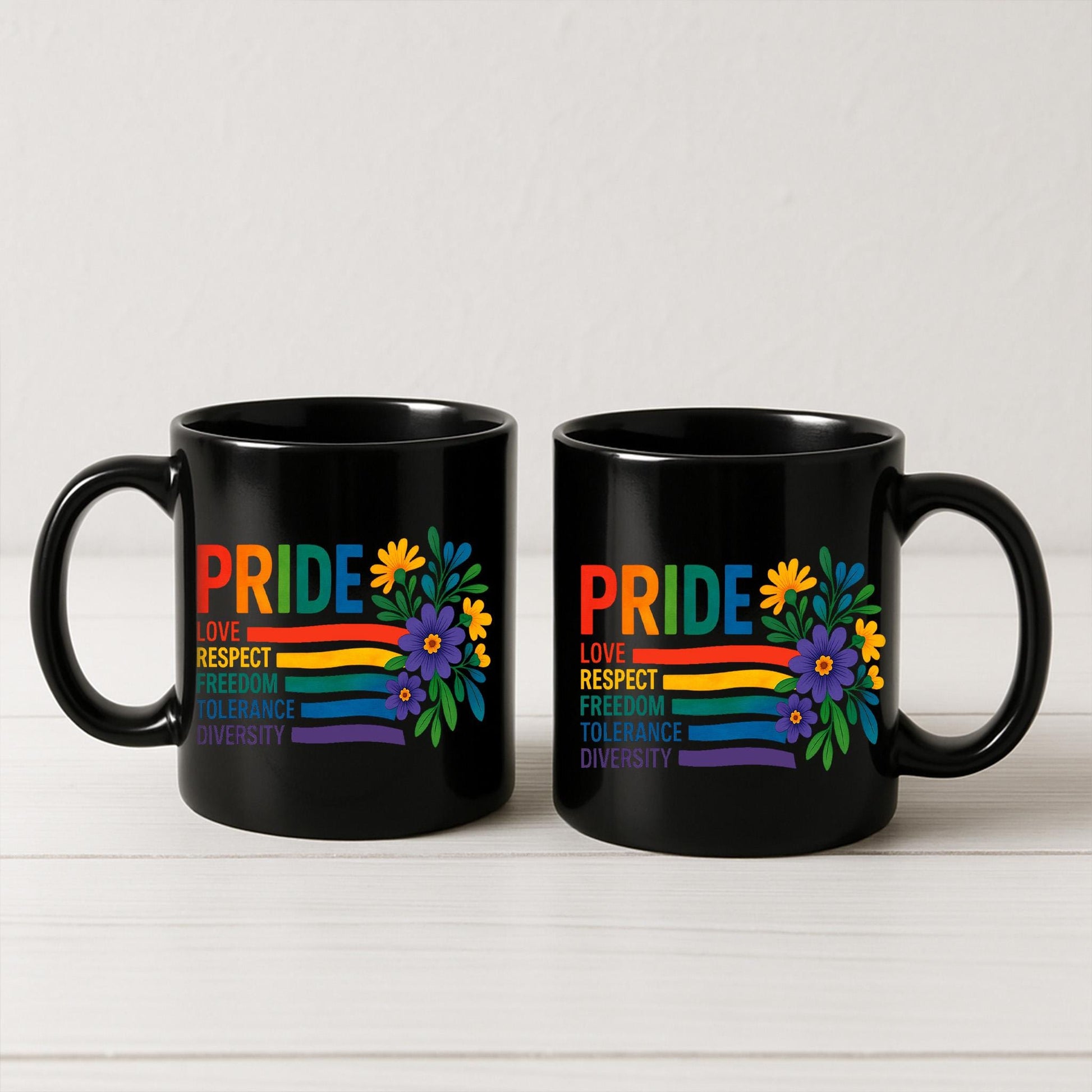 Pride Month Mug – LGBTQ+ Coffee Cup with Rainbow and Flowers – Love Respect Diversity Tolerance Equality Gift for Allies & Queers