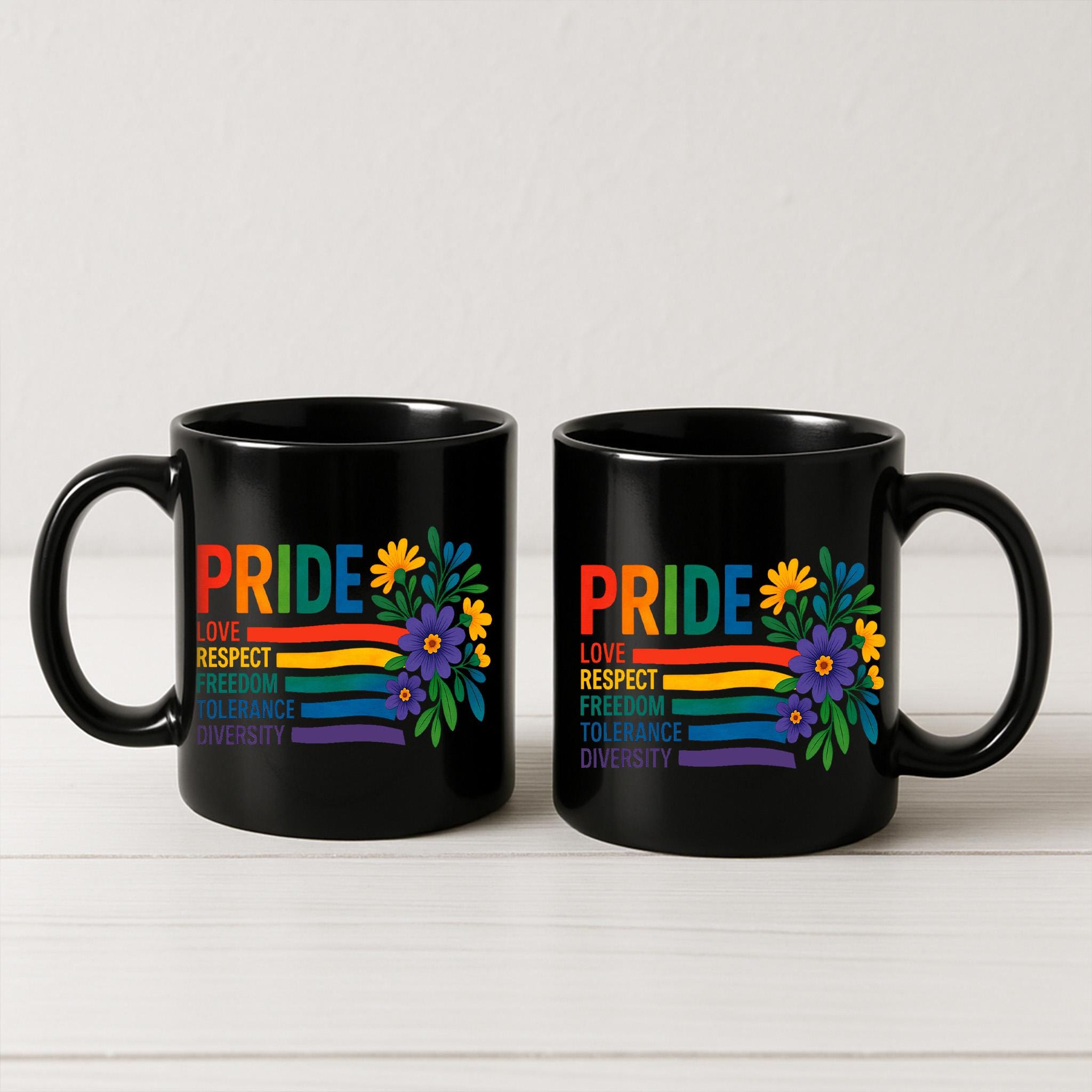 Pride Month Mug – LGBTQ+ Coffee Cup with Rainbow and Flowers – Love Respect Diversity Tolerance Equality Gift for Allies & Queers