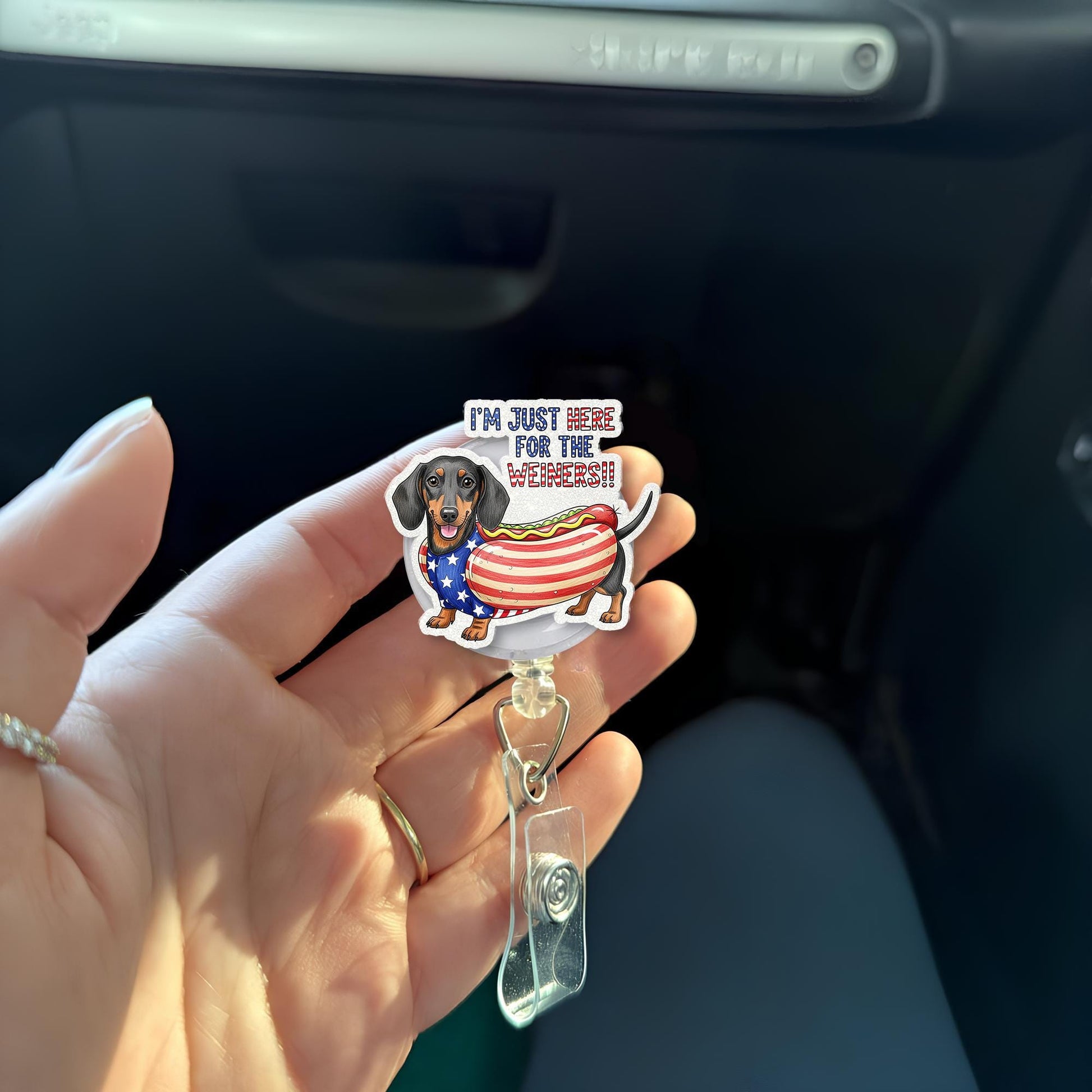 Patriotic Dachshund Badge Reel, Funny 4th of July ID Holder, Hot Dog Nurse Badge Clip, Wiener Dog Retractable Badge Reel