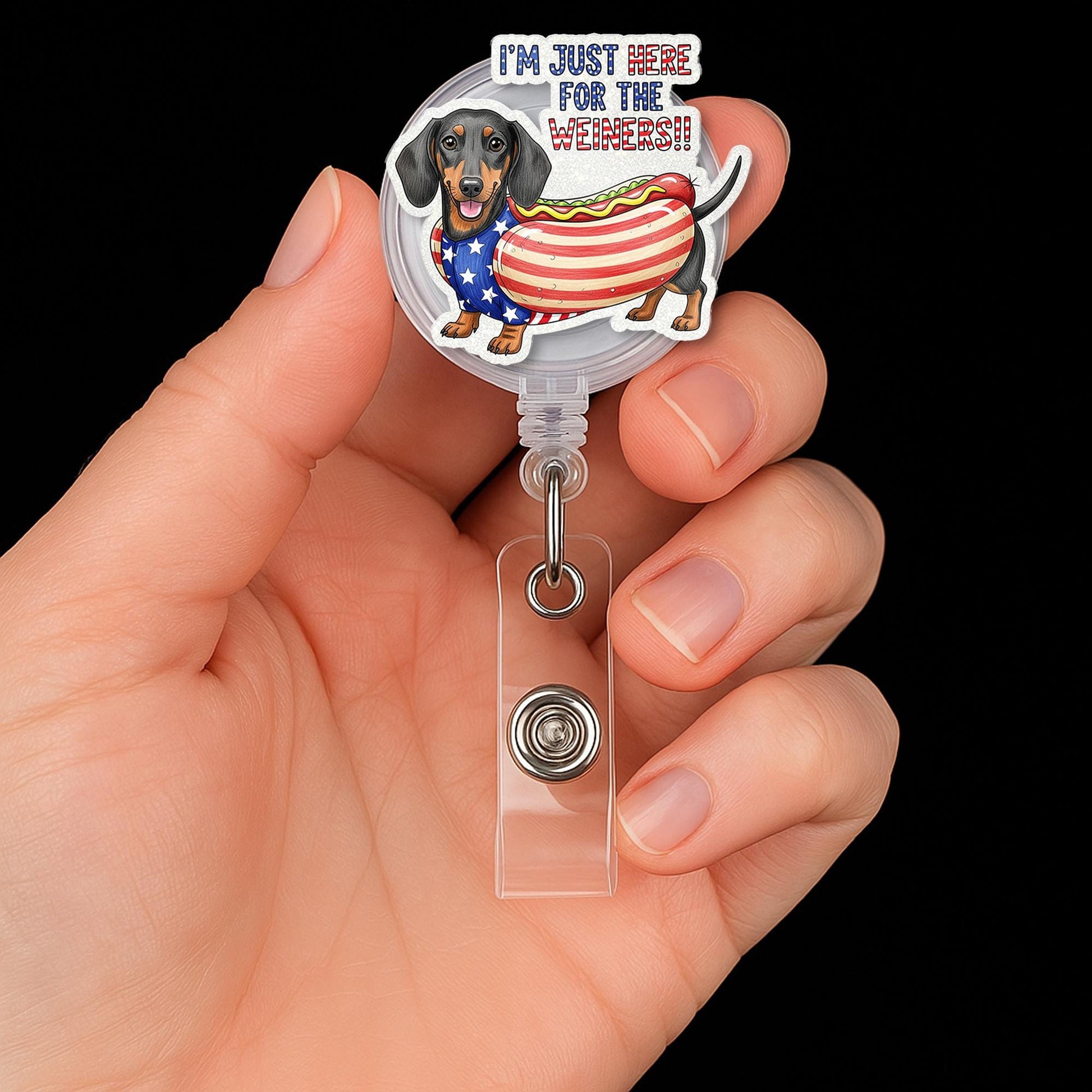 Patriotic Dachshund Badge Reel, Funny 4th of July ID Holder, Hot Dog Nurse Badge Clip, Wiener Dog Retractable Badge Reel
