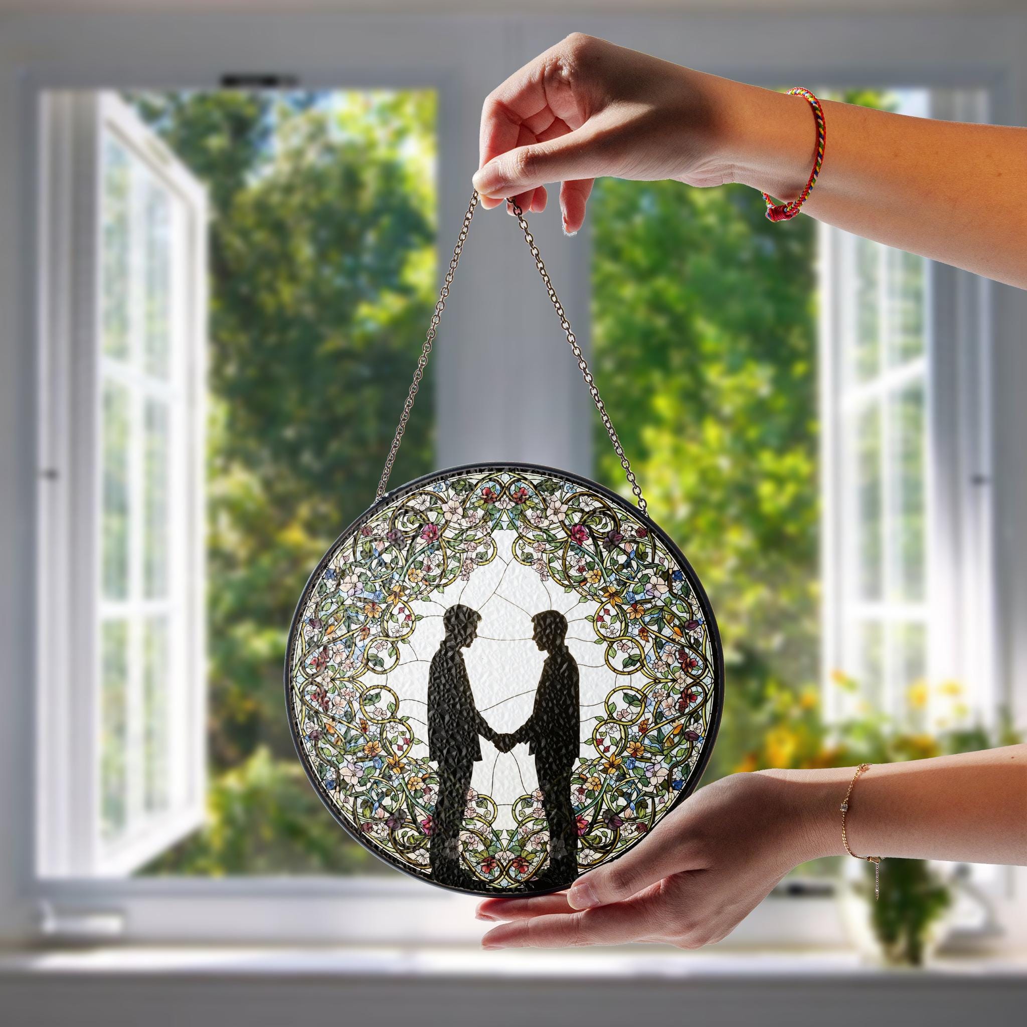 Gay Couple Glass Suncatcher – LGBTQ Stained Glass Window Art – Two Men Holding Hands Ornament – Wedding or Anniversary Pride Gift
