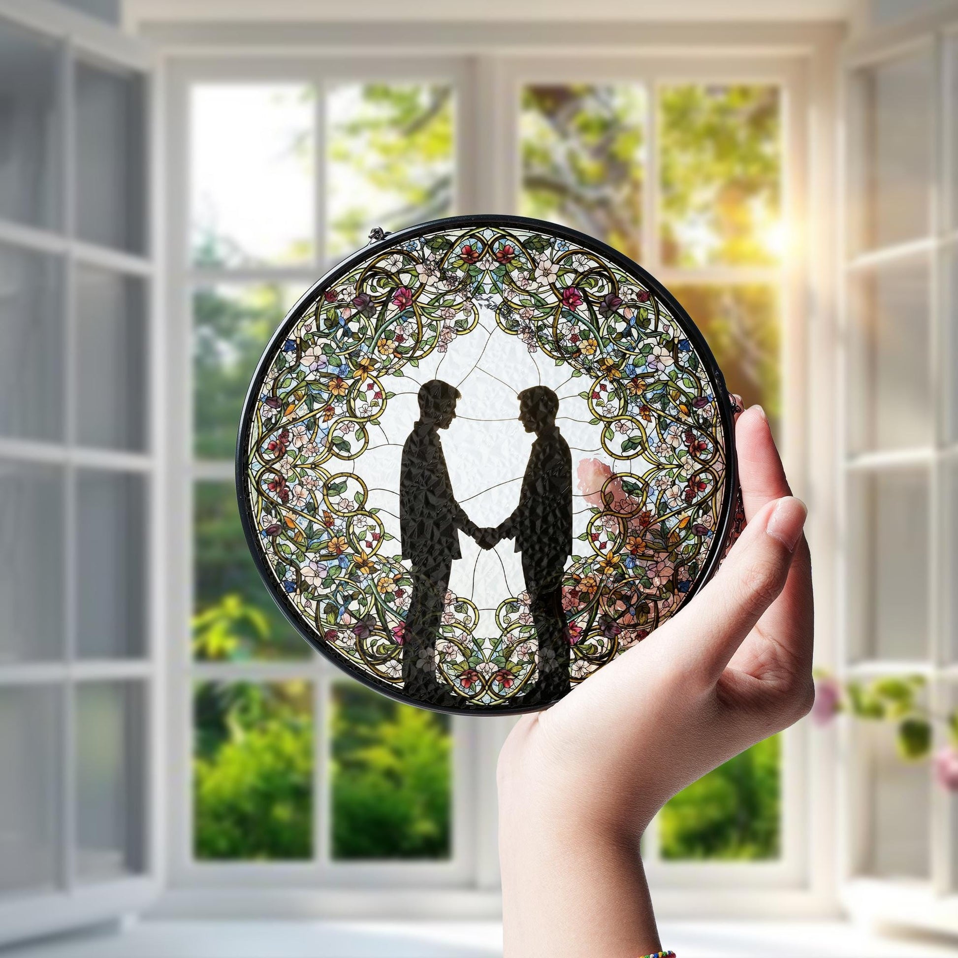 Gay Couple Glass Suncatcher – LGBTQ Stained Glass Window Art – Two Men Holding Hands Ornament – Wedding or Anniversary Pride Gift
