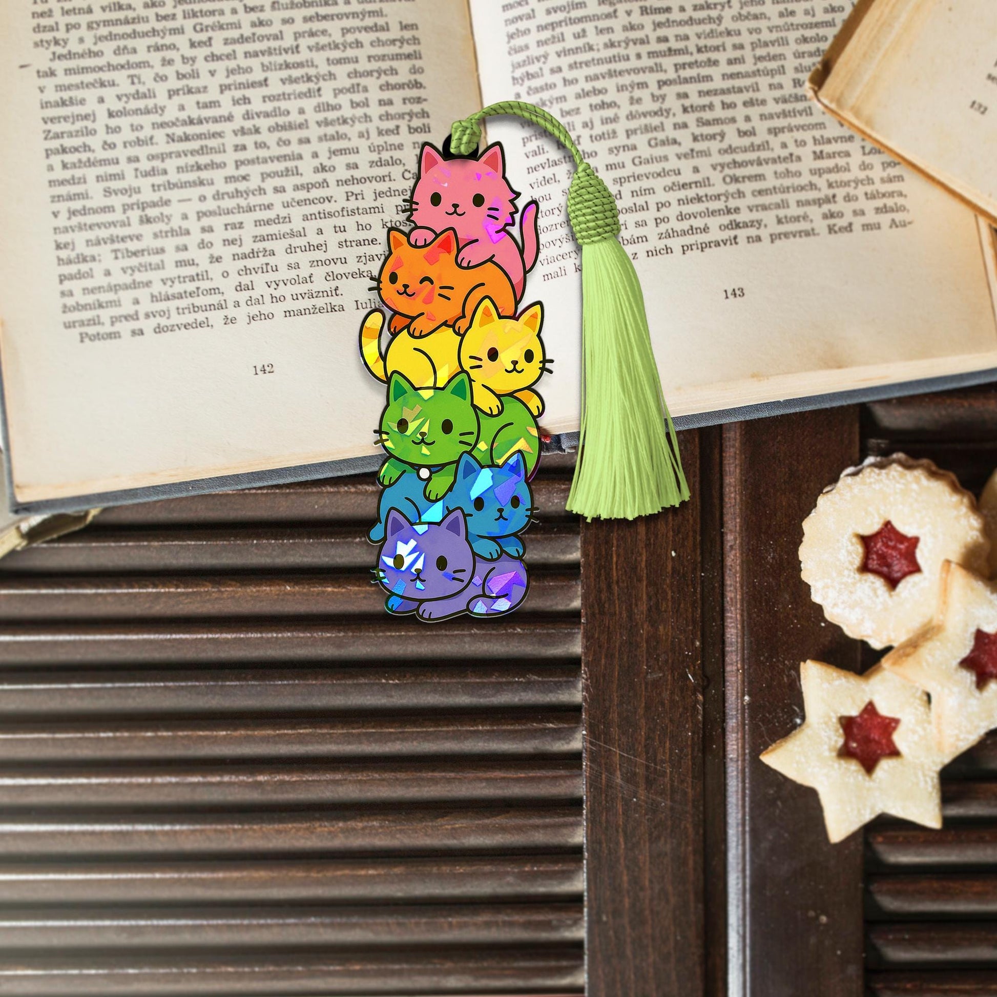 Rainbow Cat Holographic Bookmark – Cute LGBTQ Ally Book Lover Gift, Pride Kitty Tassel Bookmark, Kawaii Cat Reading Accessory