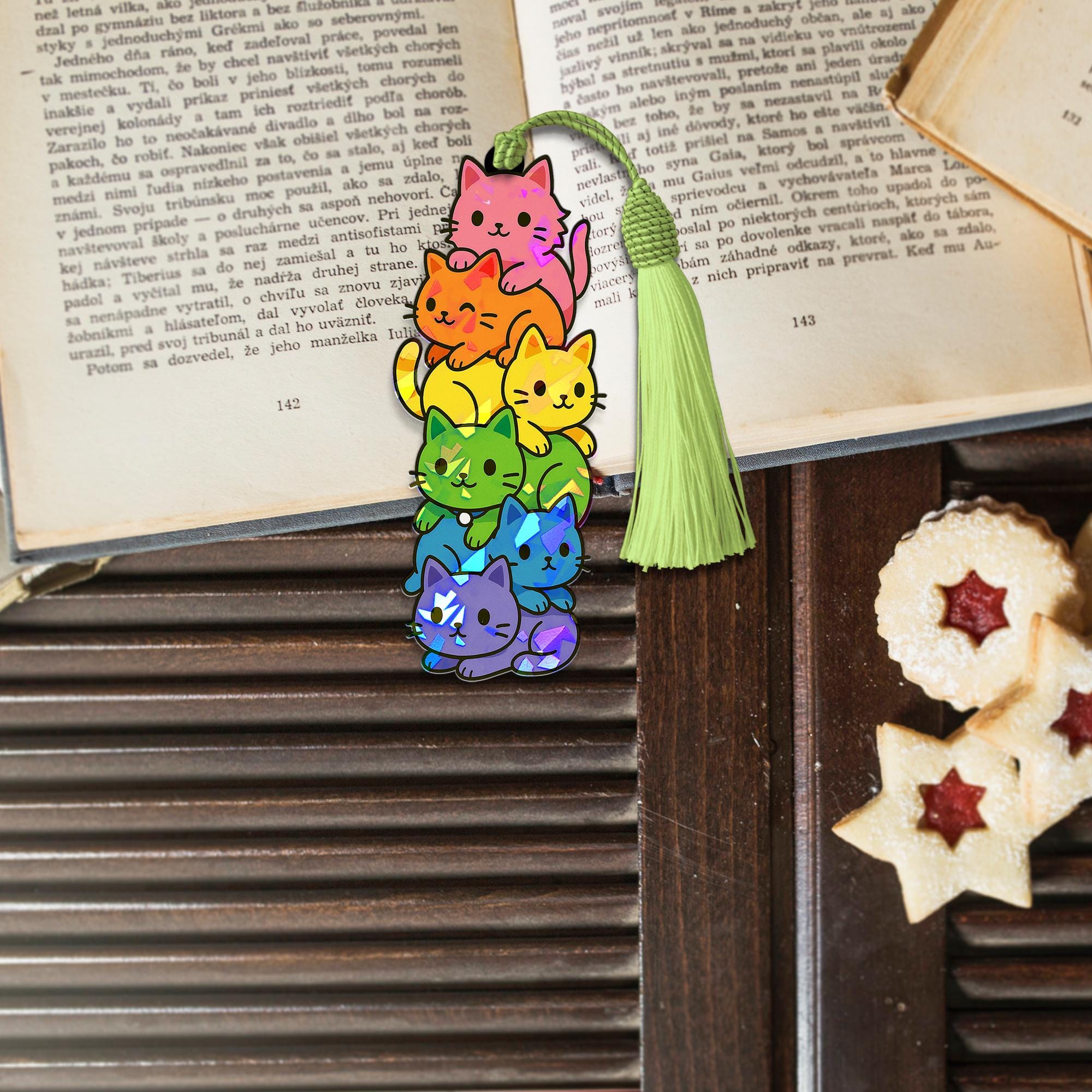 Rainbow Cat Holographic Bookmark – Cute LGBTQ Ally Book Lover Gift, Pride Kitty Tassel Bookmark, Kawaii Cat Reading Accessory