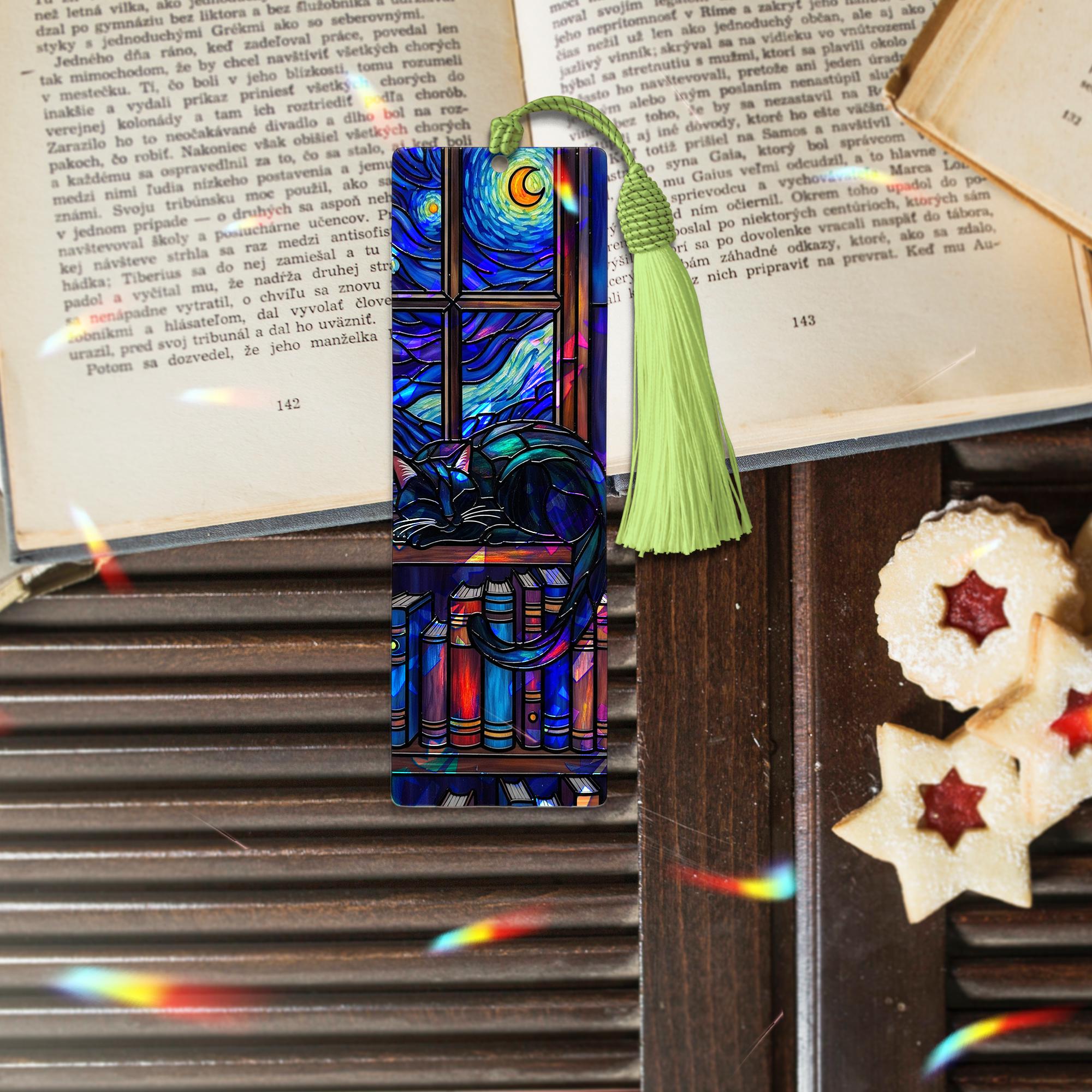 Holographic Cat Bookmark – Starry Night Acrylic Bookmark with Tassel, Book Lover Gift, Cozy Reading Accessory, Cat & Bookshelf Design