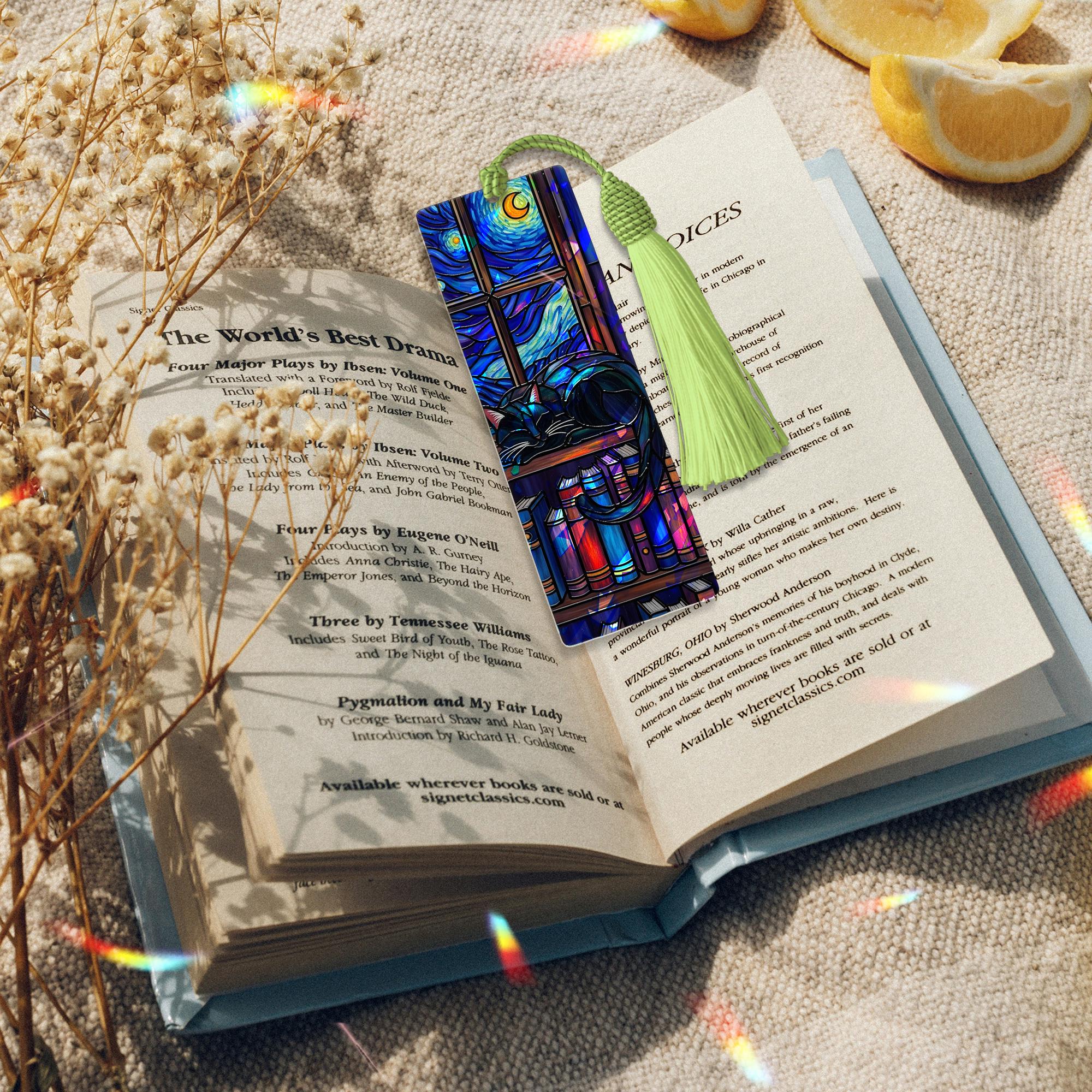 Holographic Cat Bookmark – Starry Night Acrylic Bookmark with Tassel, Book Lover Gift, Cozy Reading Accessory, Cat & Bookshelf Design