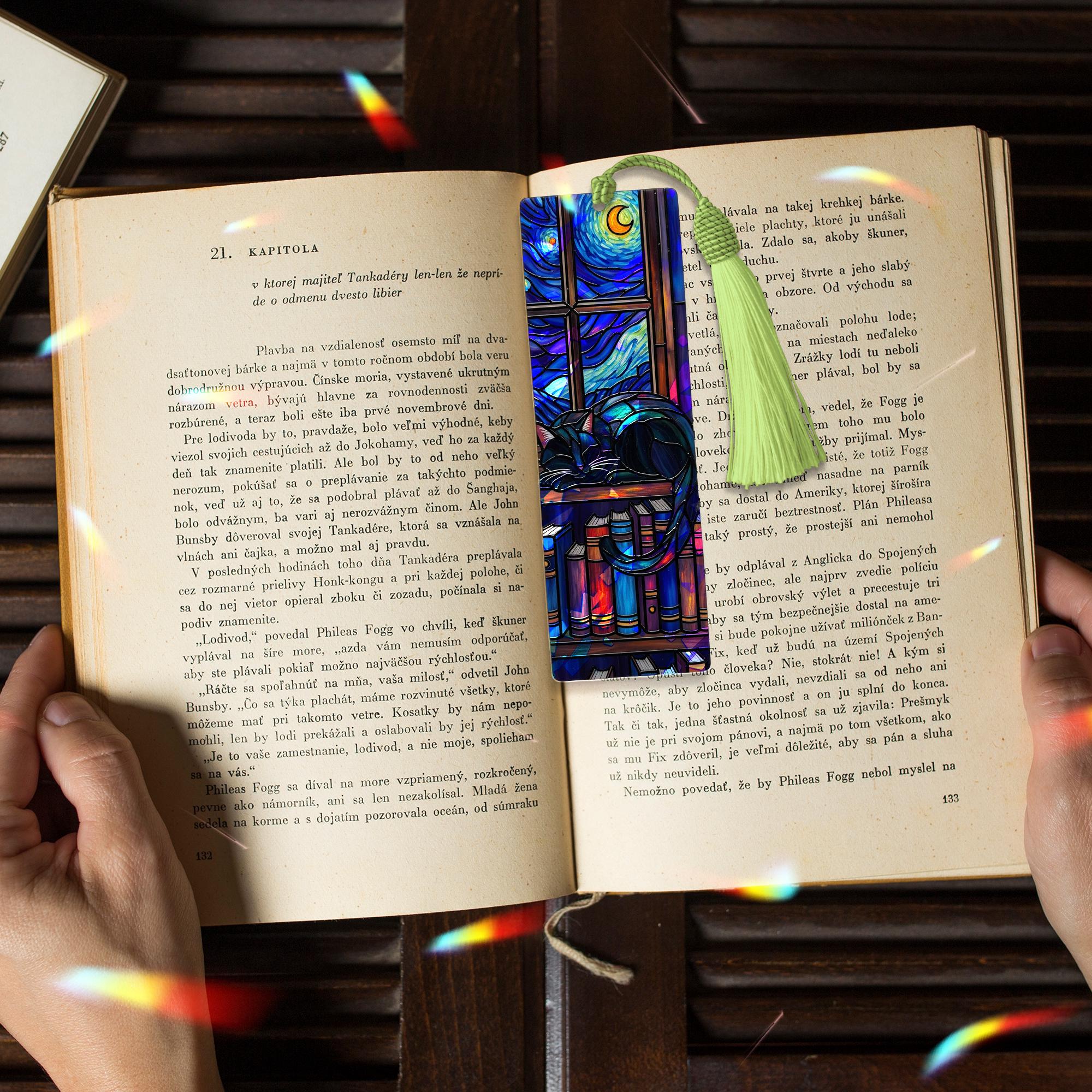 Holographic Cat Bookmark – Starry Night Acrylic Bookmark with Tassel, Book Lover Gift, Cozy Reading Accessory, Cat & Bookshelf Design