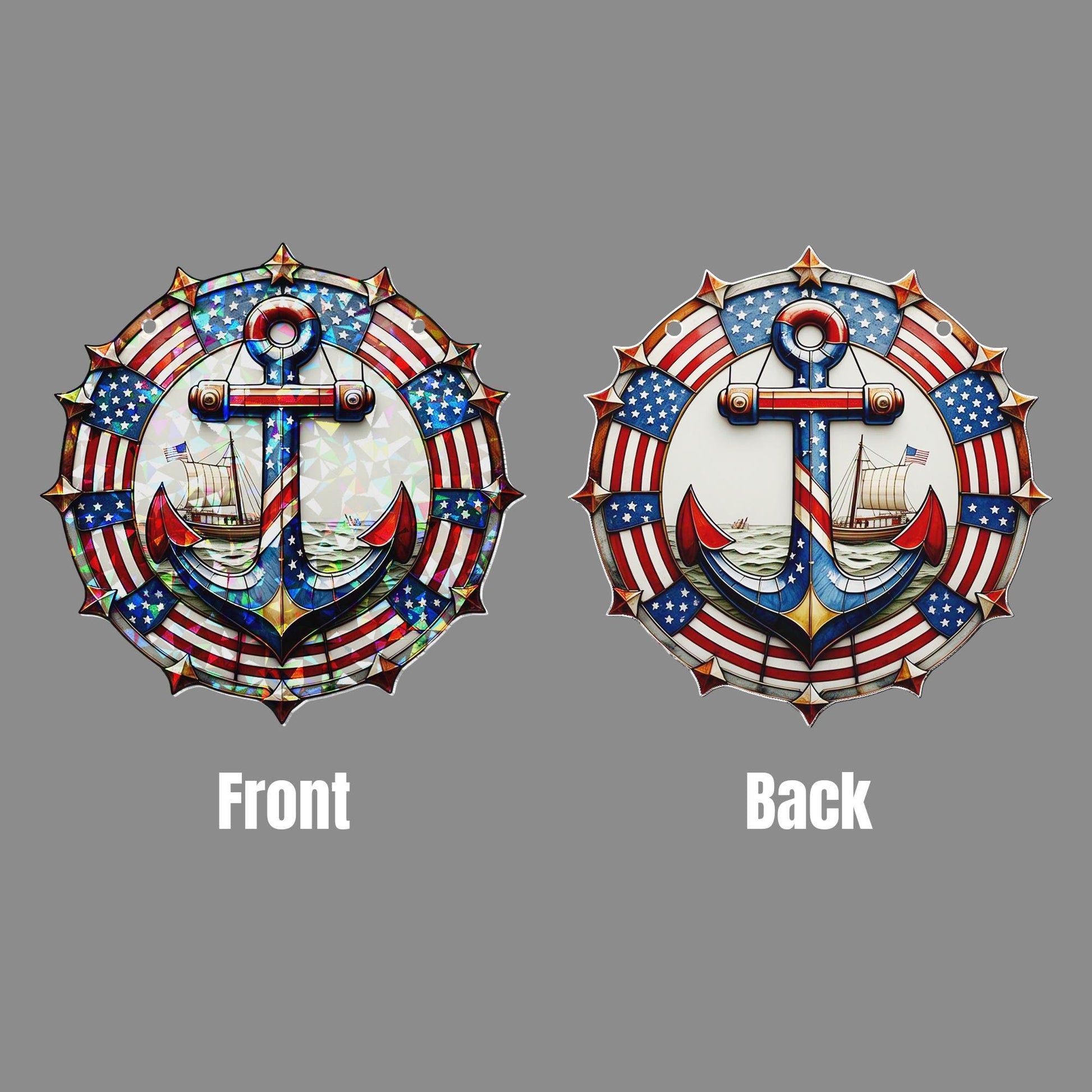 Patriotic Anchor Window Hanging – USA Flag Acrylic Suncatcher – Nautical 4th of July Decor – Holographic Anchor Ornament Gift