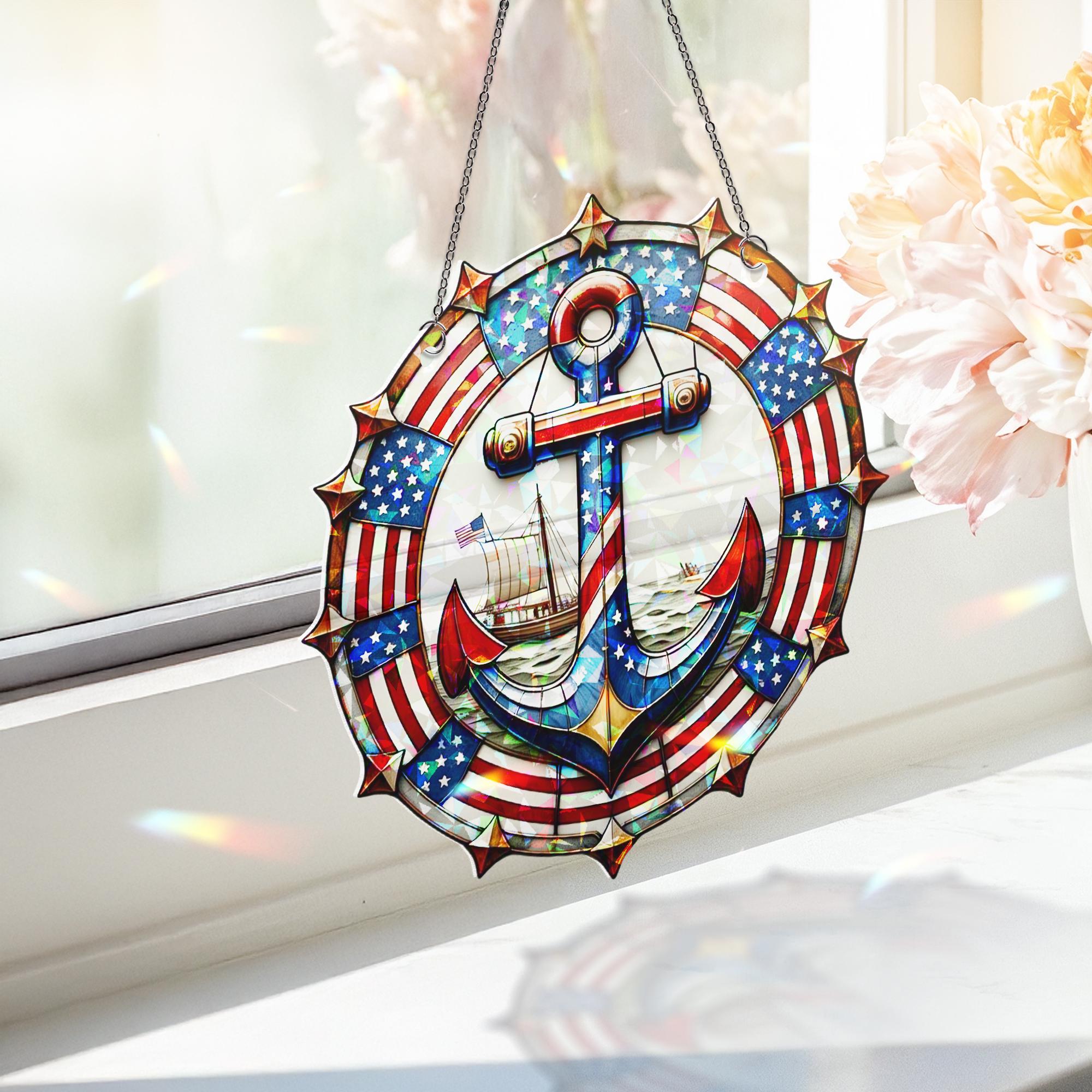 Patriotic Anchor Window Hanging – USA Flag Acrylic Suncatcher – Nautical 4th of July Decor – Holographic Anchor Ornament Gift