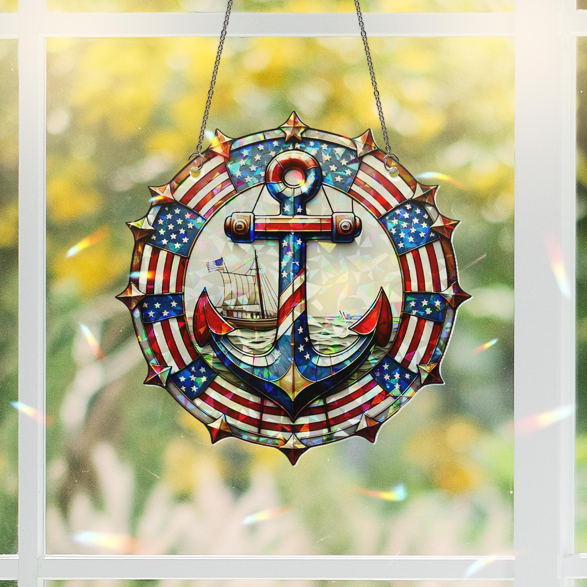 Patriotic Anchor Window Hanging – USA Flag Acrylic Suncatcher – Nautical 4th of July Decor – Holographic Anchor Ornament Gift