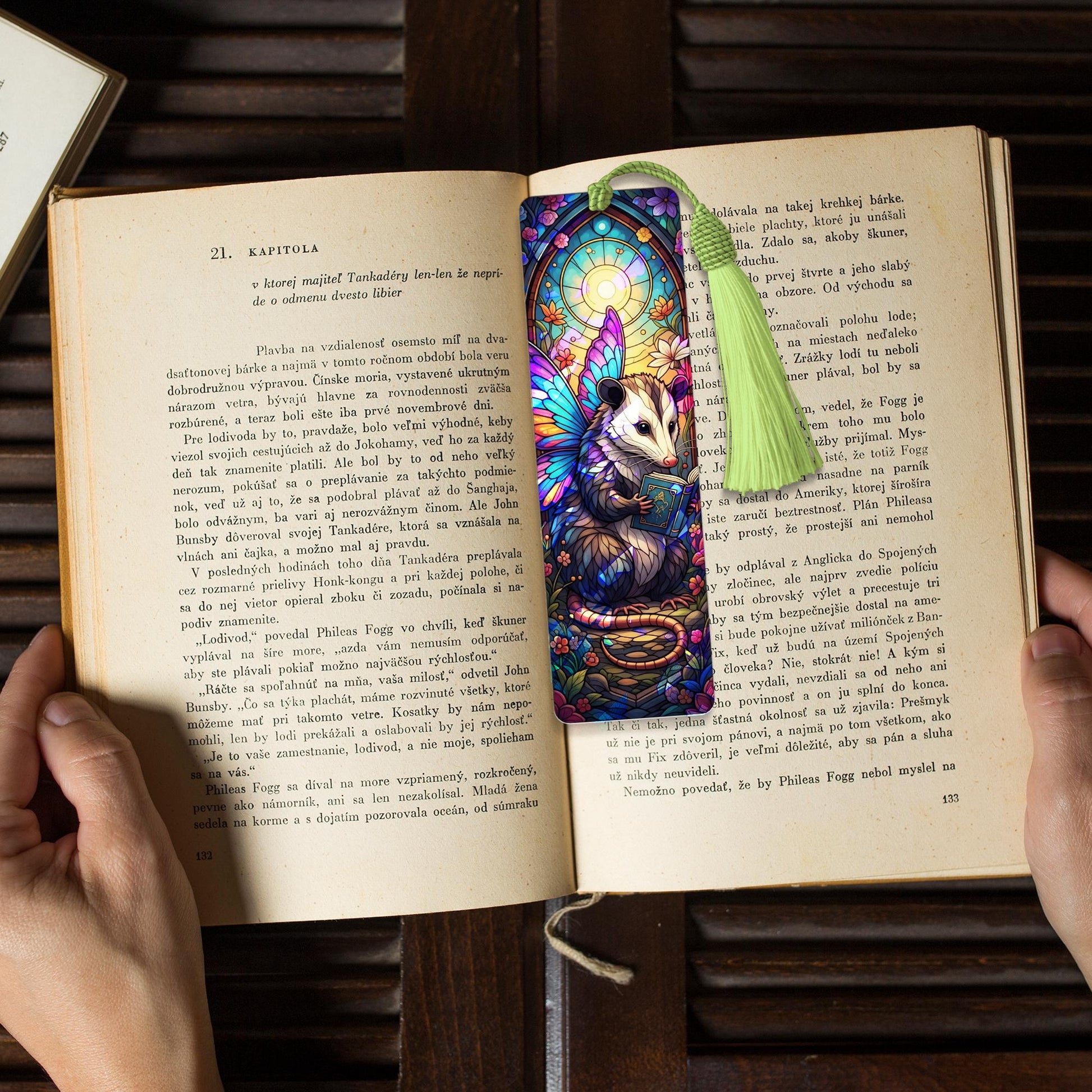Holographic Fairy Opossum Bookmark – Faux Stained Glass Acrylic Bookmark with Wings, Cute Book Lover Gift, Fantasy Animal Reading Accessory