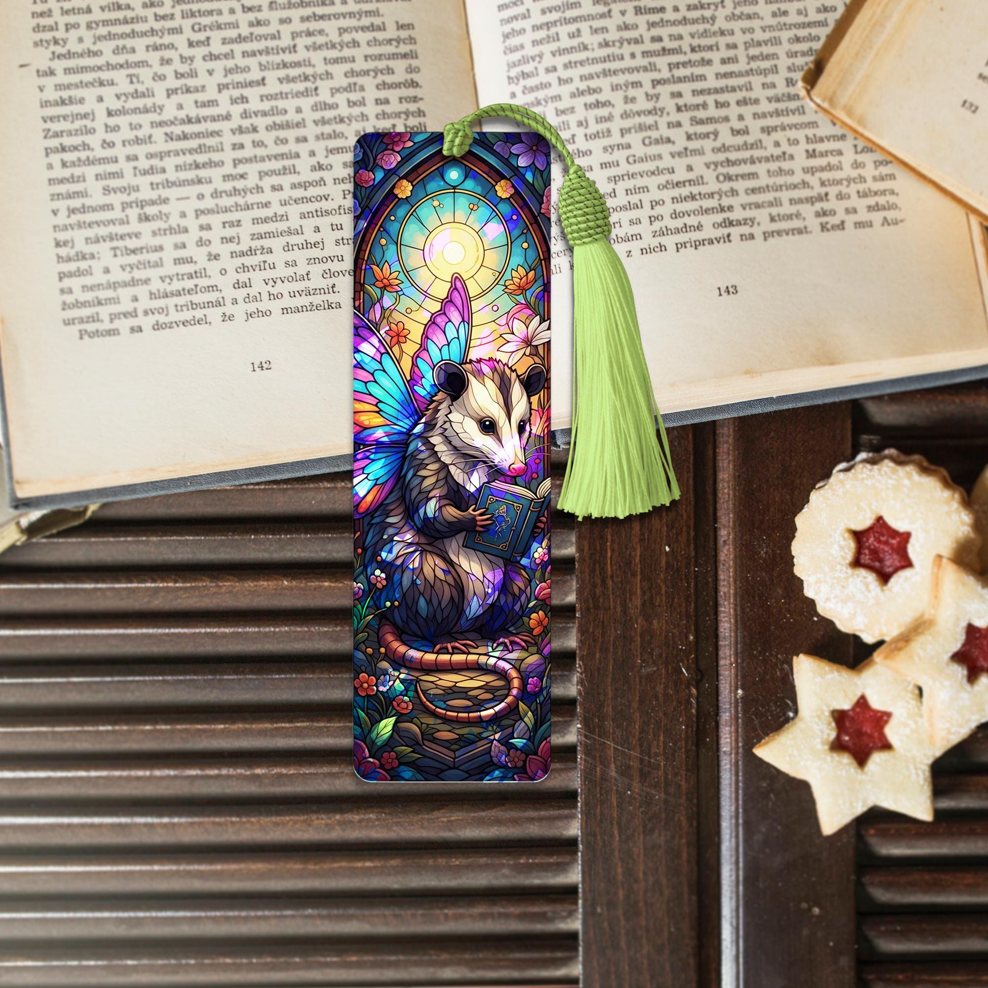 Holographic Fairy Opossum Bookmark – Faux Stained Glass Acrylic Bookmark with Wings, Cute Book Lover Gift, Fantasy Animal Reading Accessory