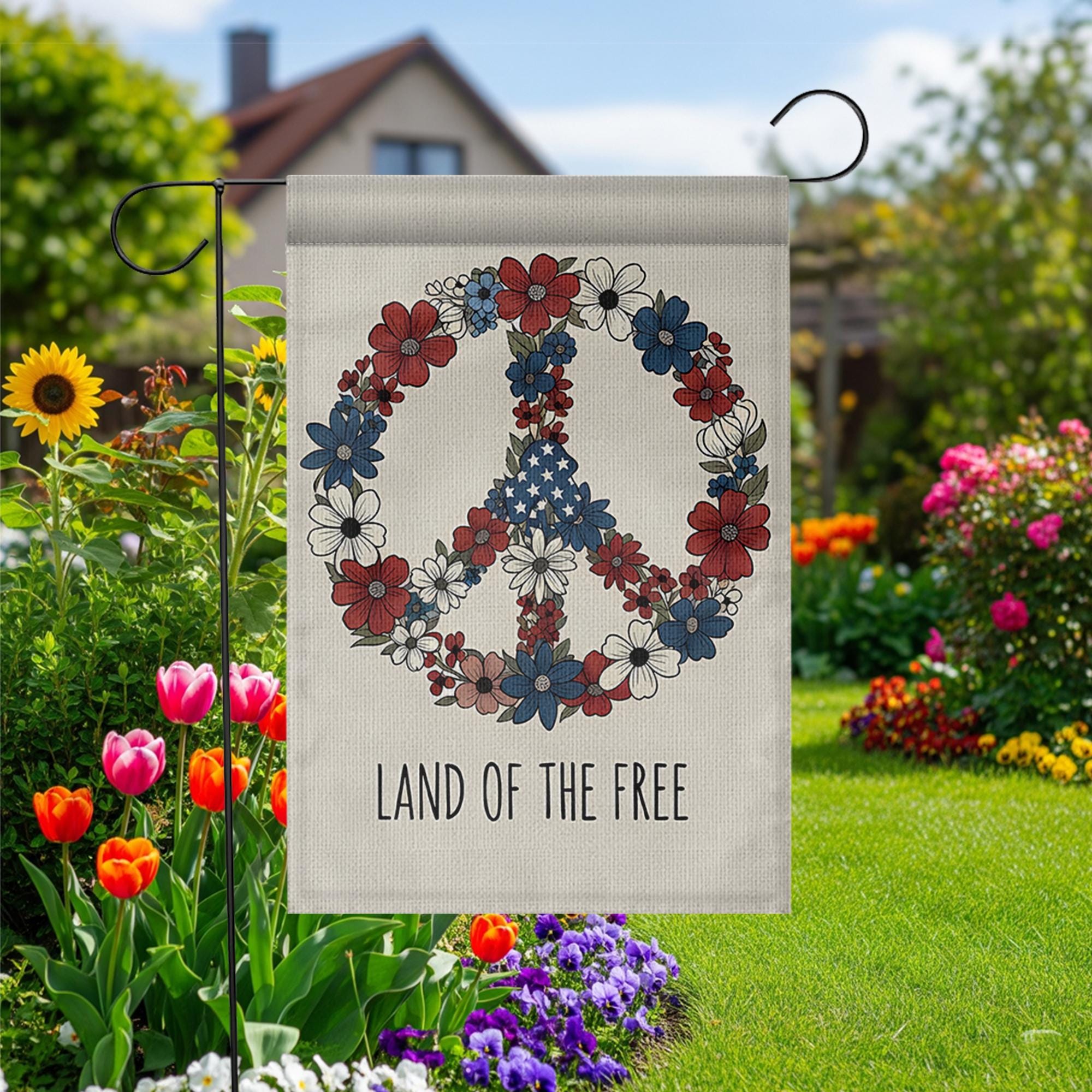 Land of the Free Garden Flag, Patriotic Peace Sign Floral Decor, 4th of July Yard Flag, Red White Blue Outdoor Decoration,Independence Day